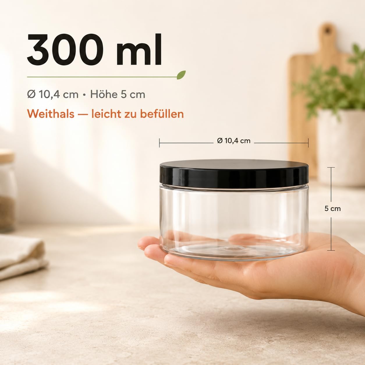 POSH Barattoli ermetici, 150 x 300 ml, in PET per uso alimentare, con coperchio a vite nero, contenitori in plastica trasparente con coperchio per spezie, mini barattolo in plastica