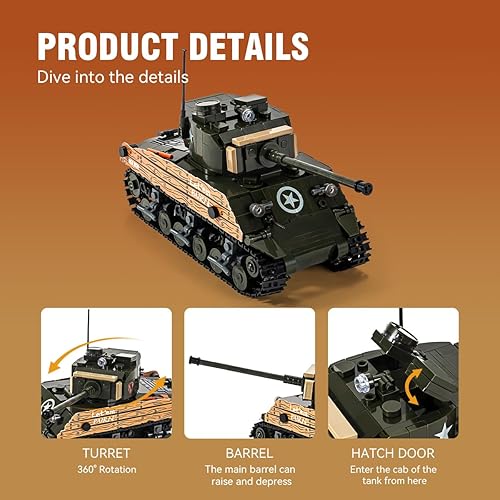 Miniatura 3 de DAHONPA Sherman M4A3 - Bloque de construcción del ejército de tanque de batalla principal (715 unidades), modelo de colección histórica militar de