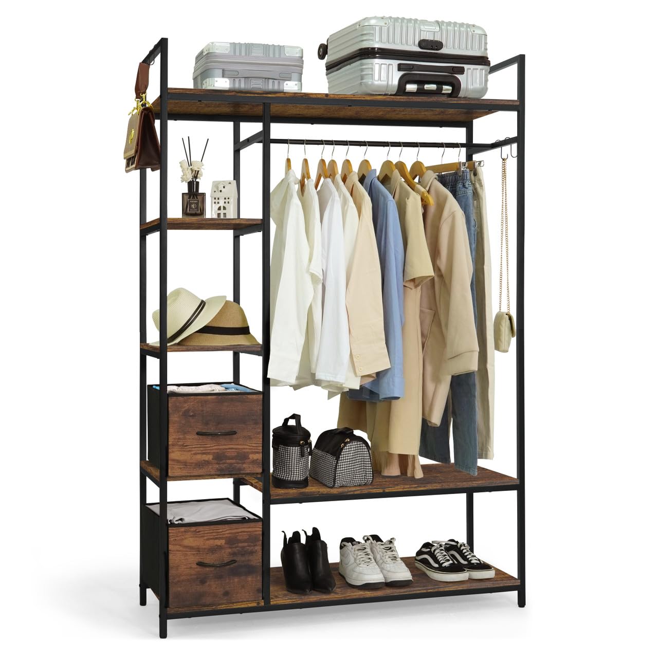 CAPHAUS 979lbs Capacity Garment Rack for Hanging Clothes Heavy Duty Open Wardrobe w Hanging Rods Fabric Drawers Free