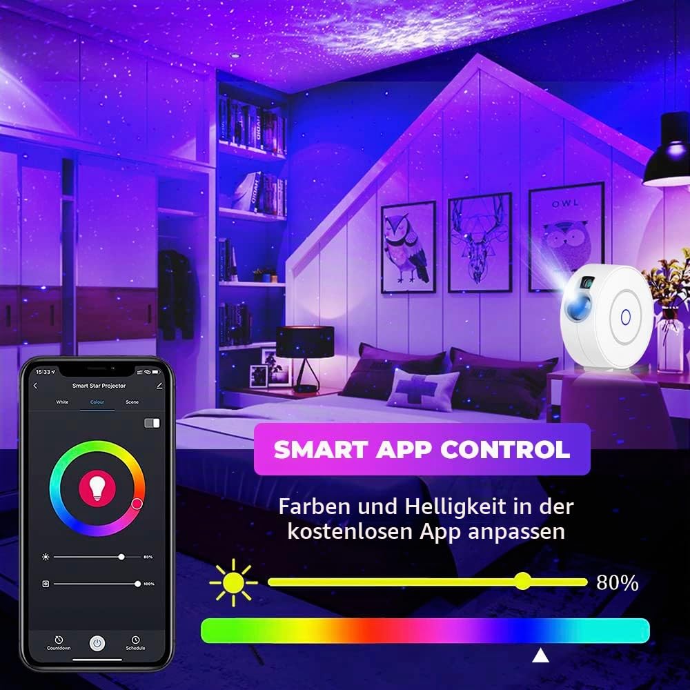 Sternenprojektor Lampe mit 3D Galaxy und Sprachsteuerung | Timerfunktion für automatische Abschaltung; Kompatibel mit Alexa und Google Assistant; Nachtlichtfunktion ideal für Kinder