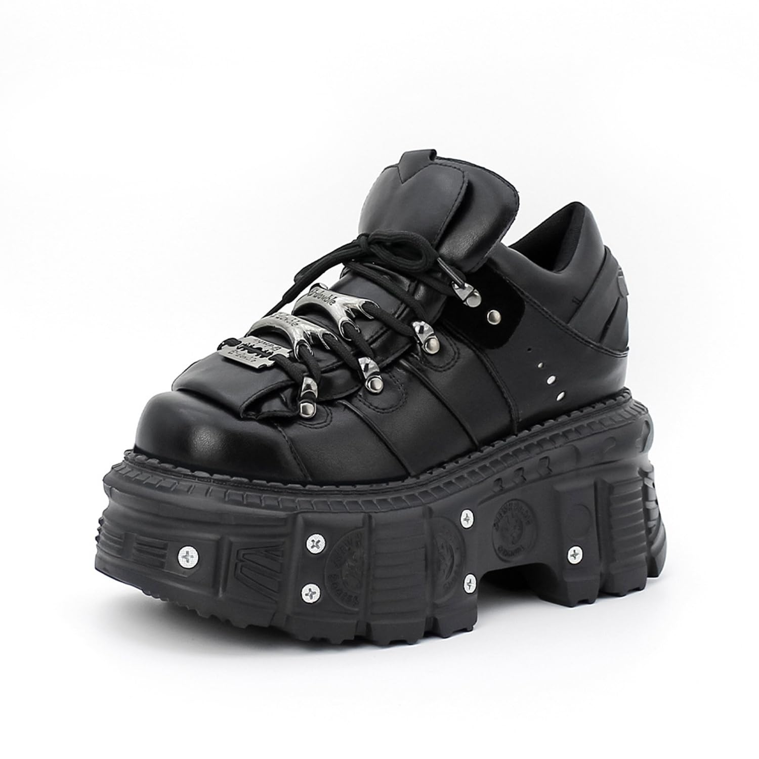 Womens Gothic Platform Boots PU Leather Punk Motorcycle Shoes Metal Accents Chunky Sole Combat Boots