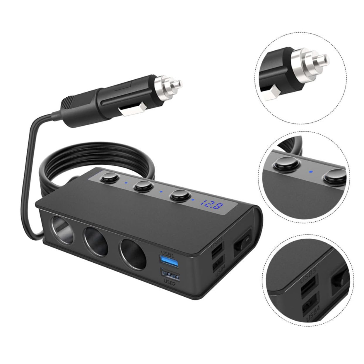 Angoily Caricabatterie Auto e Adattatore Accendisigari 180w Max, 4 Porte Usb, Monitoraggio Tensione Batteria, Nero, per Auto e Telefoni