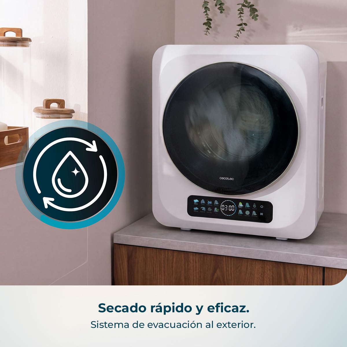 Cecotec Secadora Compacta de Evacuación 3Kg Bolero DressCode Dry 3400V. 8 Programas, Bajo Consumo, Secado Automático Inteligente, Pantalla FullColor, Función UV Care, Dry Shoe Pro y Delay Start