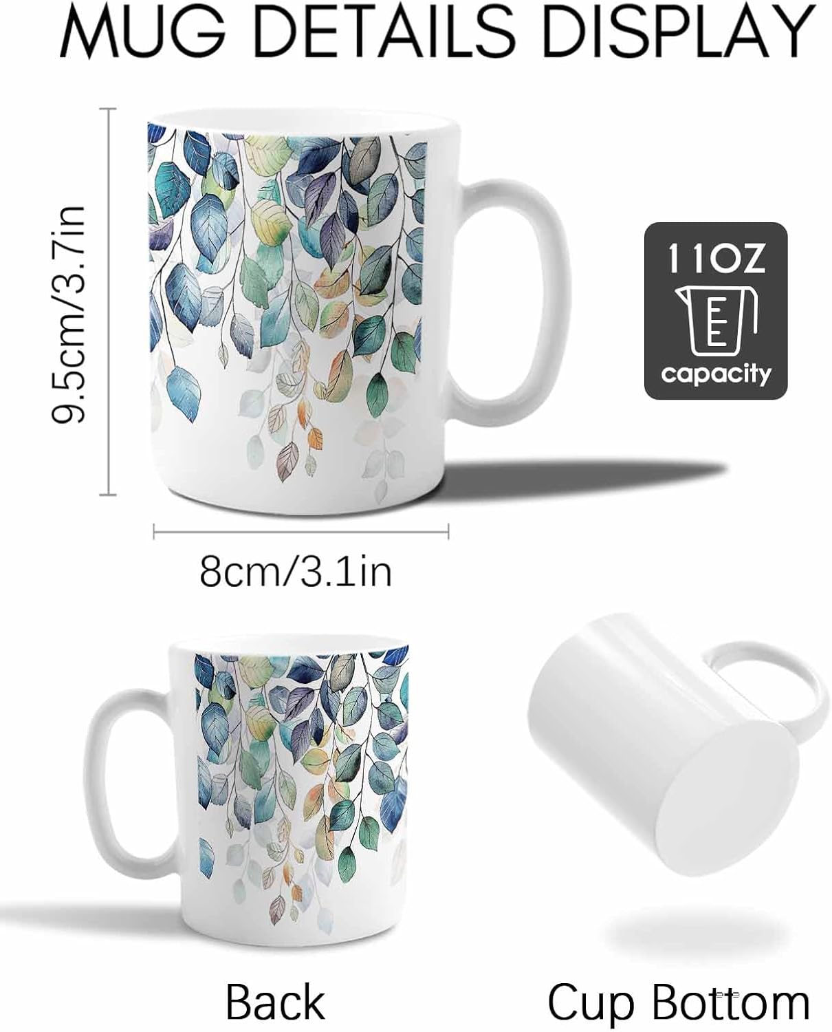 BEMIGO Ceramic Coffee Mug Fall Thanksgiving Ceramic Mug White Cup, Watercolor Autumn Eucalyptus Leaves Insulated Coffee Cup with Handle with Pattern Perfect for Tea and Hot Beverages, 12oz