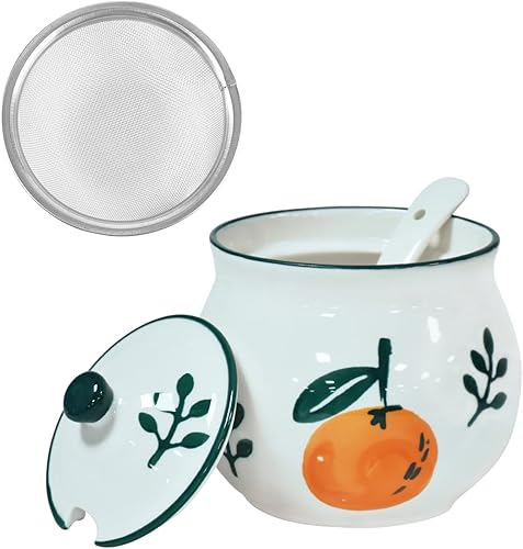 Miniatura 1 de Koythin Recipiente de grasa de tocino de cerámica con colador, 23 oz adecuado para almacenar aceite de freír y grasa de cocina (Tangerina)