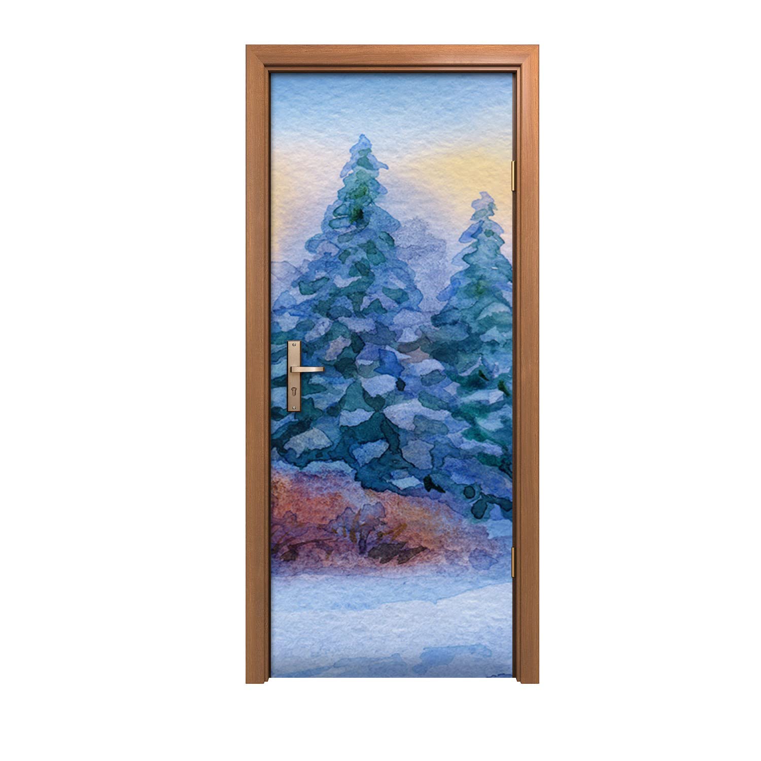 Forêt d'arbres de neige aquarelle : grand autocollant de porte pour un salon cocooning et zen