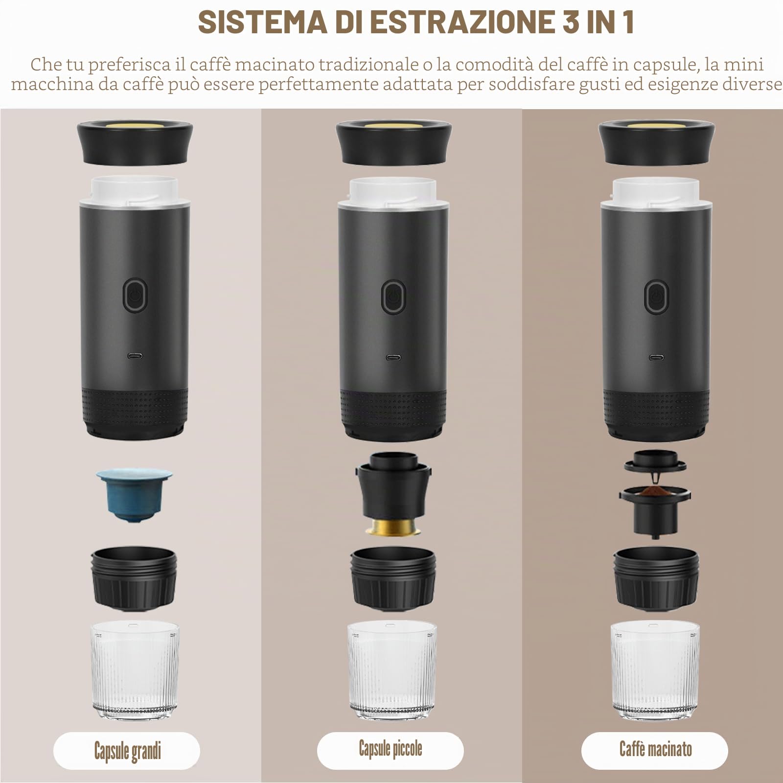 Bostar Macchina da Caffè Portatile, 3 in 1 Macchina da Caffè Espresso Portatile Riscaldamento Rapido Caffettiera per Campeggio Viaggio con Capsule Piccole Grandi Caffè Macinato (Verde)