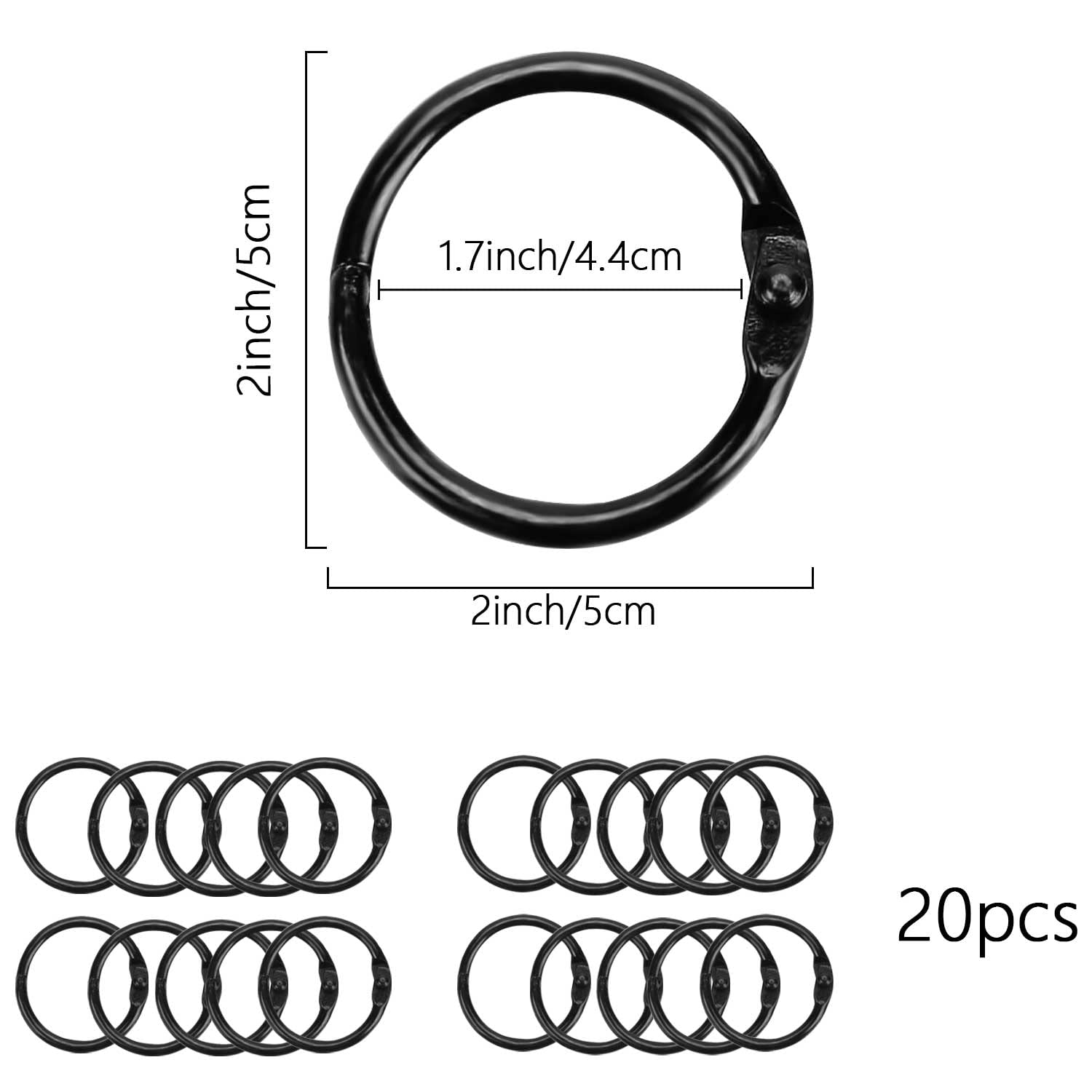 20 sztuk pierścieni do książek, 50 mm, metalowe, luźne liście, czarne, okrągłe pierścienie, do zasłony, do albumu kolekcjonerskiego, kluczy (5 cm)