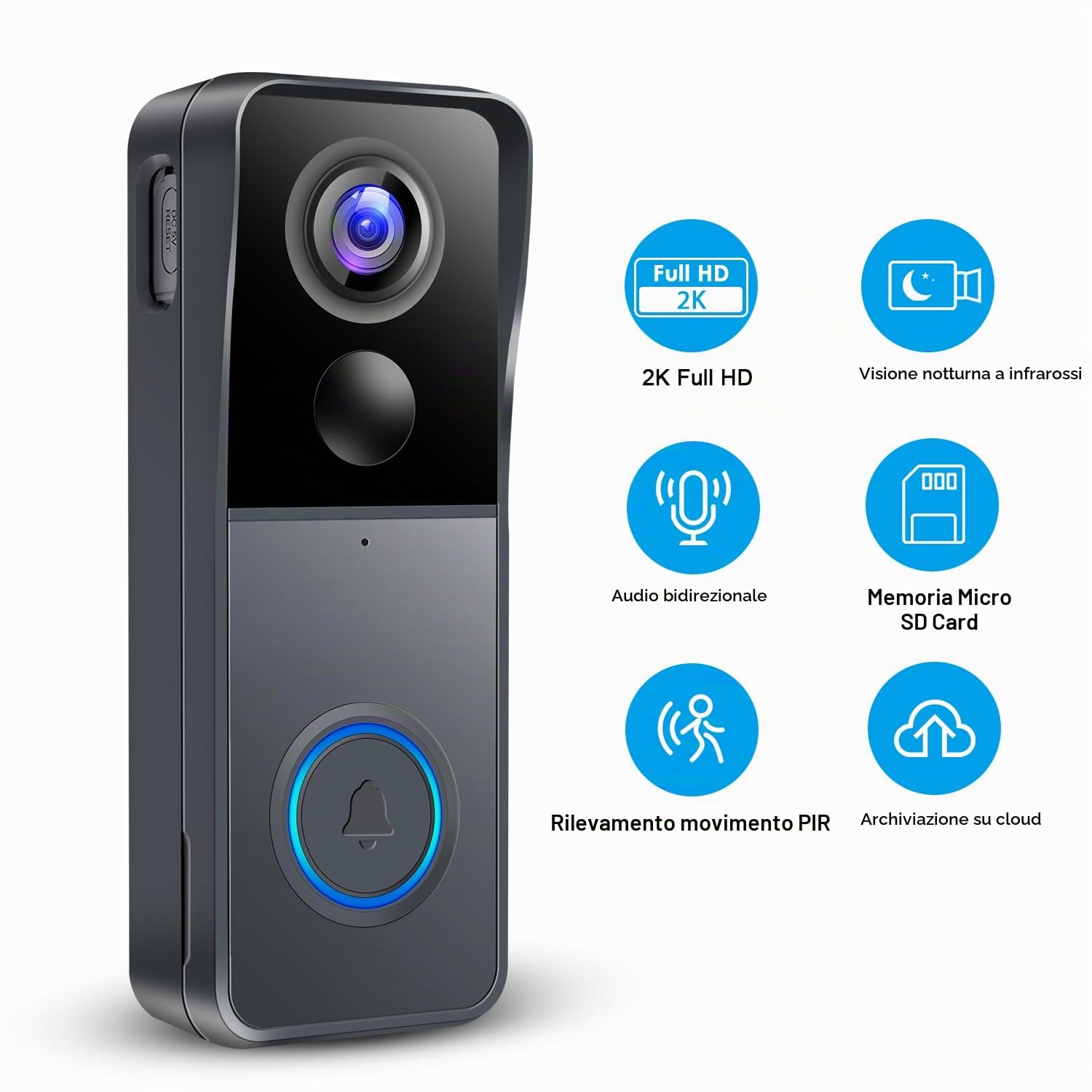 KAMEP Videocitofono con telecamera wireless, videocitofono da 2K HD, telecamera di sicurezza WiFi intelligente con rilevamento del movimento PIR, audio bidirezionale, visione notturna, impermeabile
