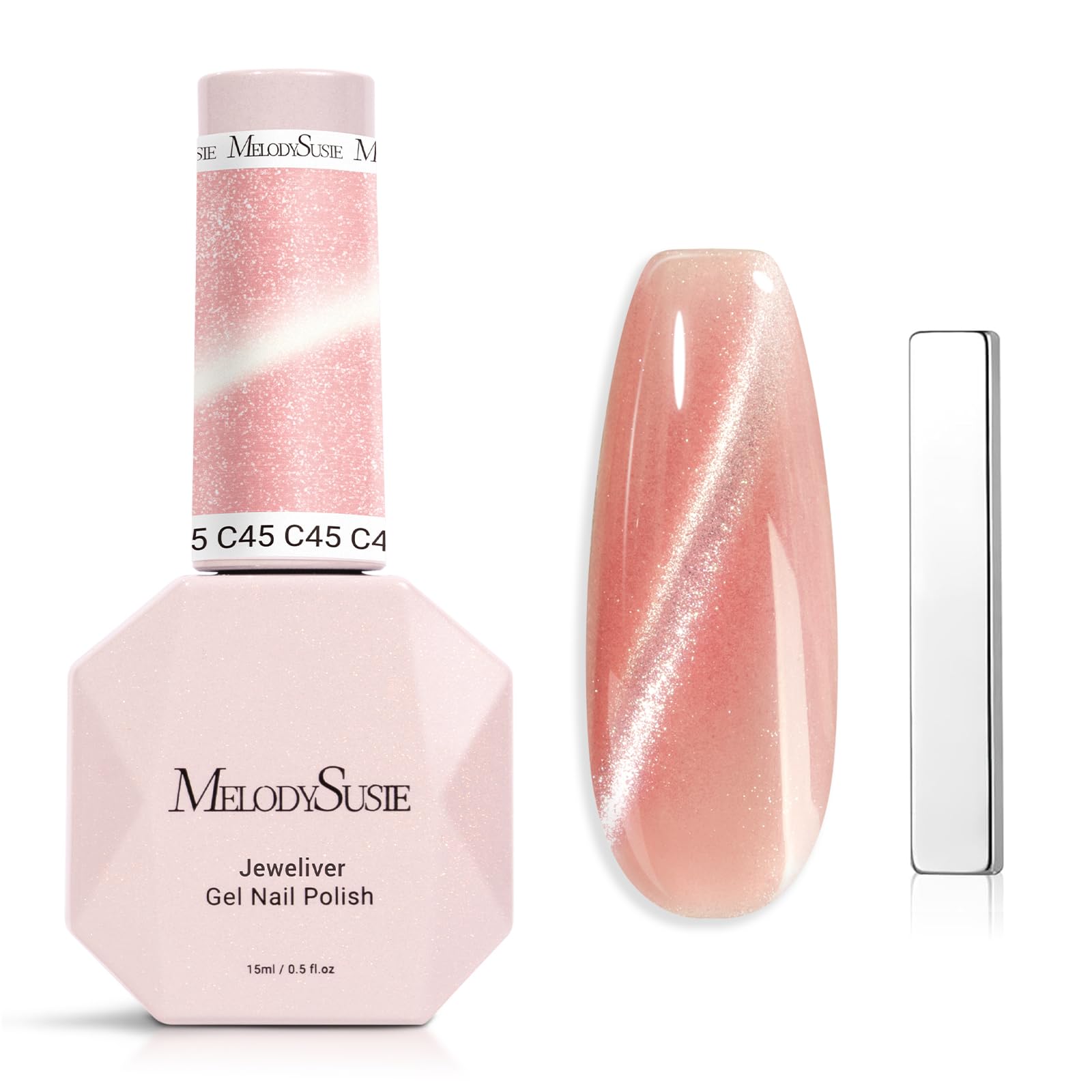 MelodySusie Jeweliver Cat Eye Gel Nail Polish, 0.5 Fl Oz Coral Pink Glitter Holographic Magnetic Nail Polish with Magnet, UV Nail Polish for Nail Art