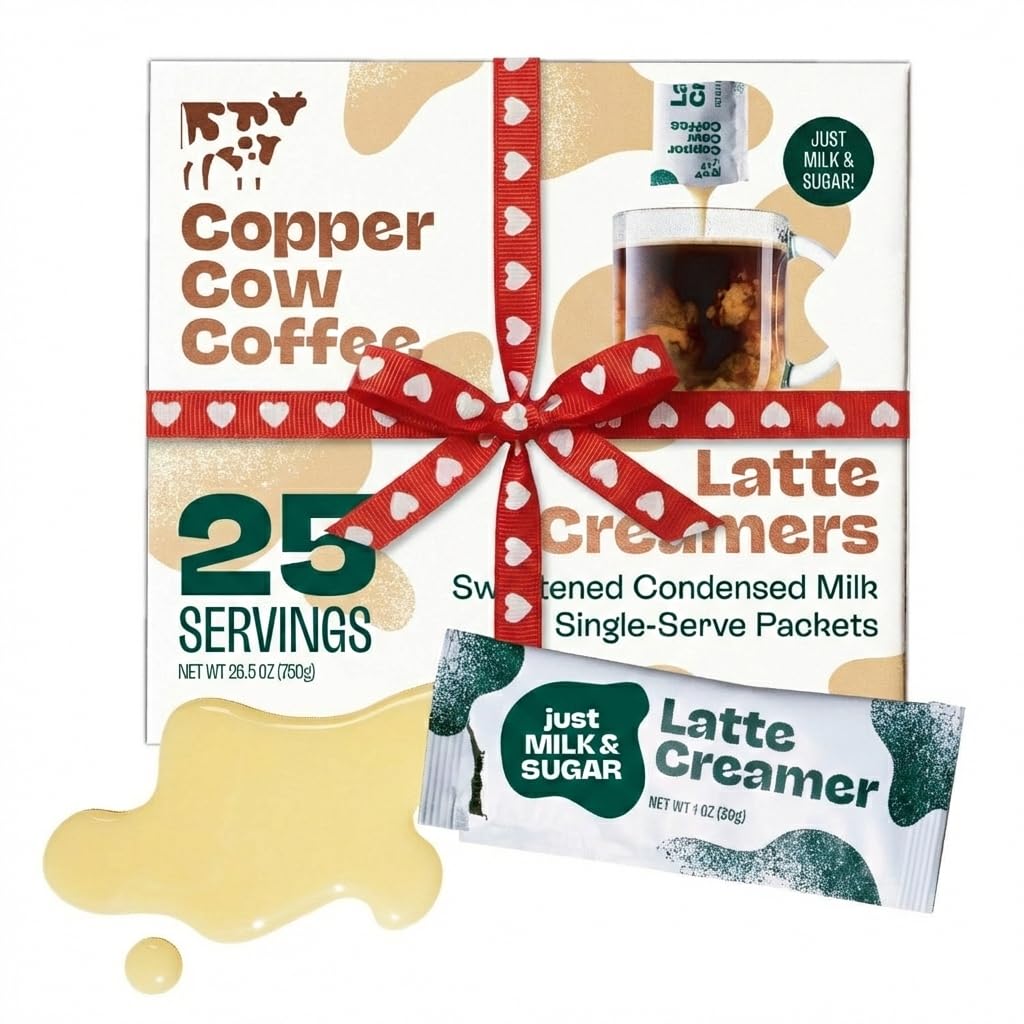 Copper Cow Coffee Sweetened Condensed Milk Coffee Creamer Singles (25 pack) | Vietnamese Inspired Coffee Creamer, All Natural Creamer Packets for Pour Overs & Lattes | No Refrigeration Needed