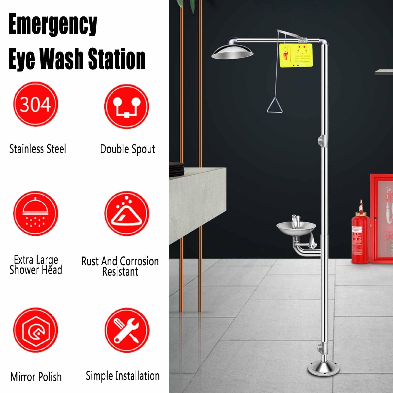 Estación de Ducha lavaojos de Emergencia, Sistema de Ducha de Seguridad de Acero Inoxidable 304 con Panel de Empuje Manual, Kit de Ducha y lavaojos Integrado, Doble Entrada,Double Inlet