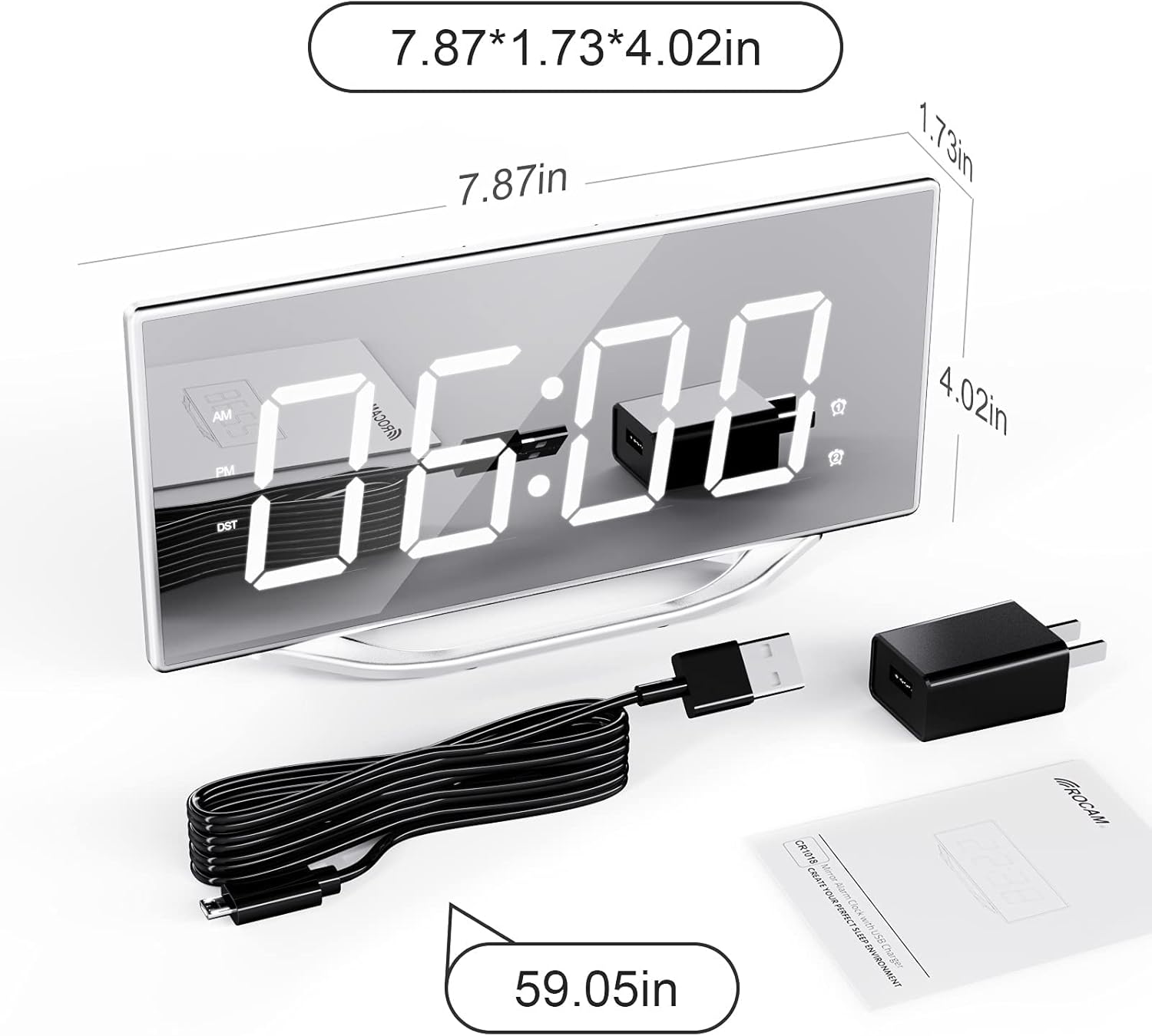 Digital Alarm Clock Large Display, 8.7" LED Mirror Electronic Clocks with 2 USB Charger Ports, Loud Alarm Clock for Heavy Sleepers,Snooze Dual Alarm Dimmer, Modern Desk Clock for Bedrooms Teens Adults Silver