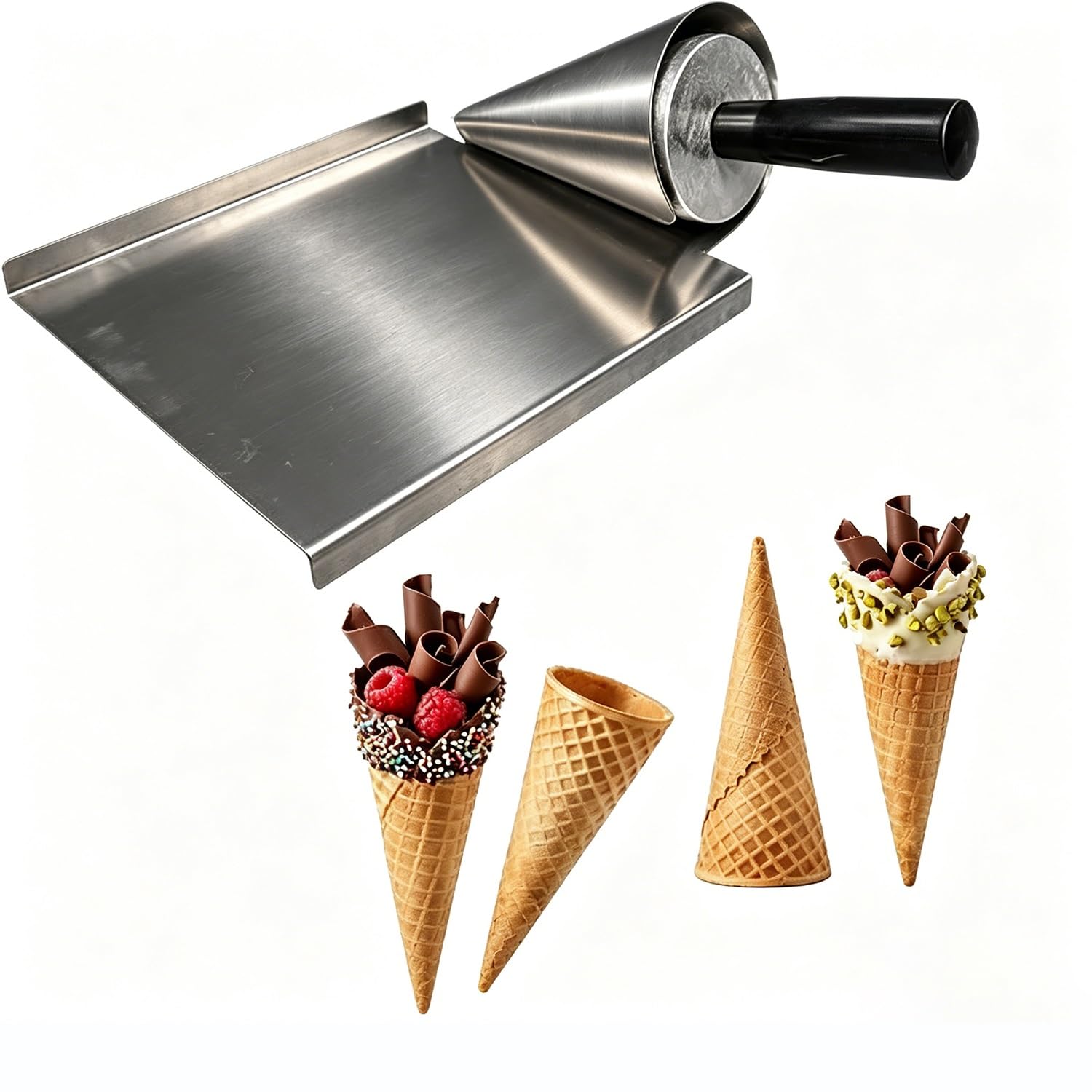Molde Para Conos De Helado Y Gofres, Antiadherente | Base De Acero Inoxidable, Juego De 2 Piezas Con Mandril Y Plataforma Rodante, Duradero Y Fácil De Usar(S)