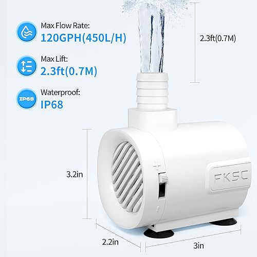 Miniatura 9 de Bomba de fuente de 120 GPH - Bomba de agua sumergible, ultra silenciosa con flujo ajustable para peceras, estanques, acuarios, hidroponía y