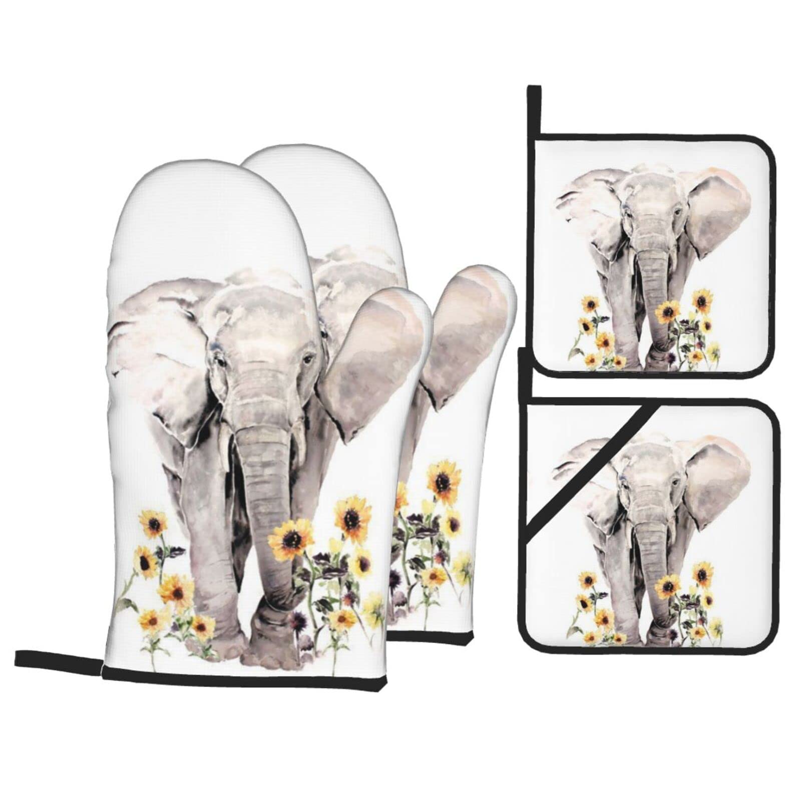 Elephant and Sunflower Oven Mitt and Pot Holder 4-Piece Set for Kitchen, Outdoor Grill, Baking