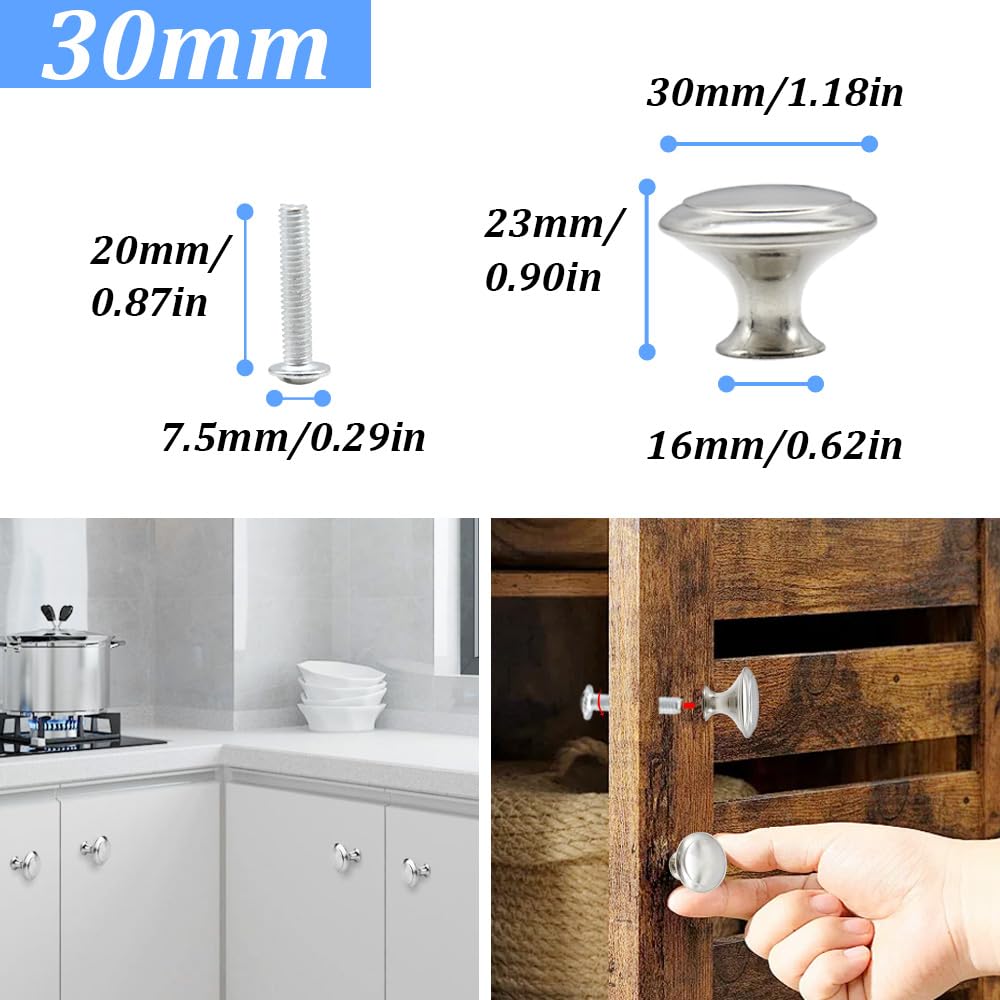 12 Pomelli Per Mobili Vintage A Forma Di Fungo - Argento, 30mm Per Cassetti E Armadi