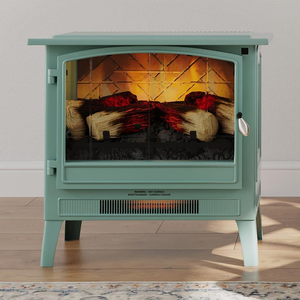 Country Living Infrared Freestanding Electric Fireplace Stove Heater in Mineral Blue Multiple Flame Colors Metal Design with Faux