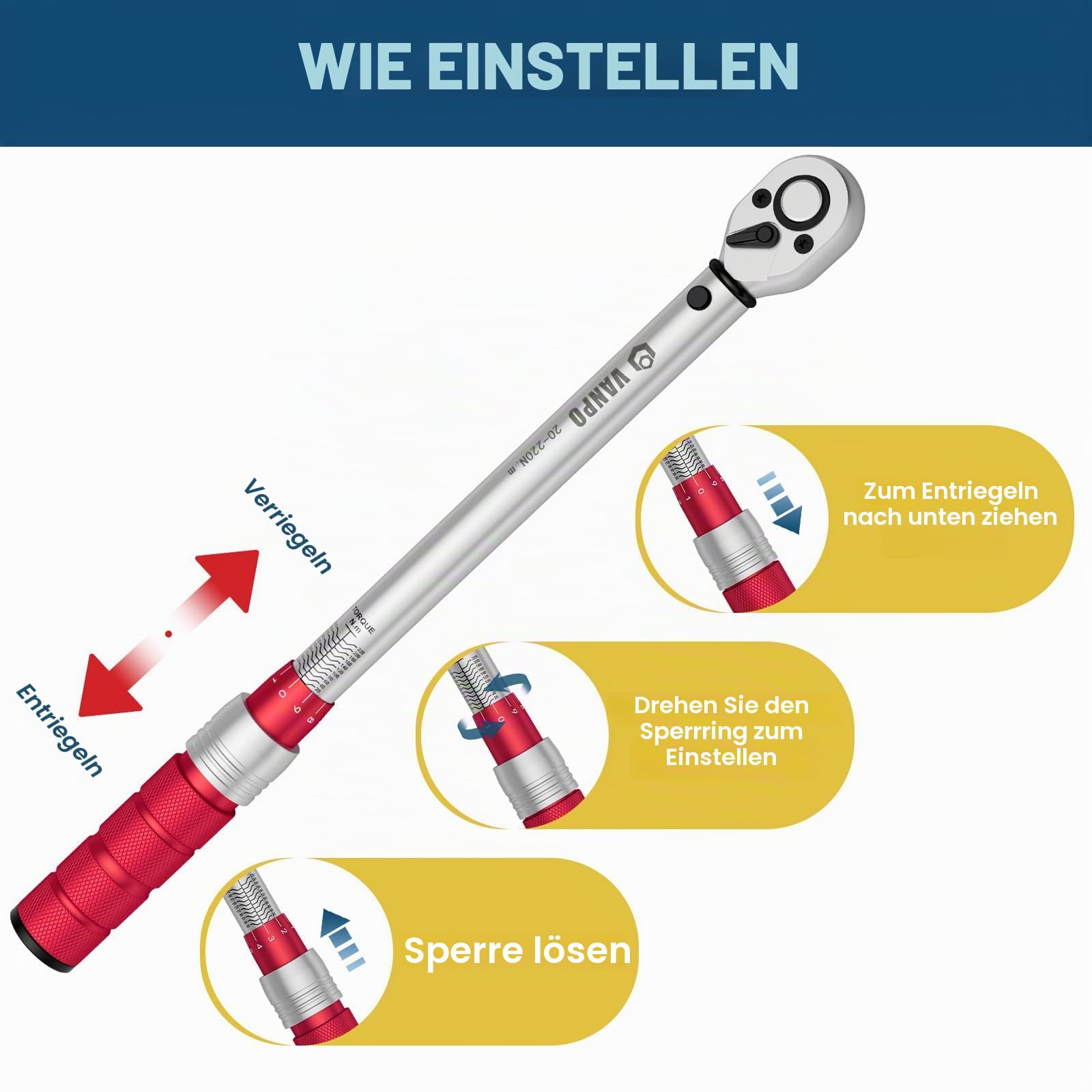 VANPO Drehmomentschlüssel 1/4" & 3/8" & 1/2", 3-25Nm, 5-60Nm, 20-220Nm | 3 teilig Torque Wrench Set, ±3% Fehlergenauigkeit mit 72 Zähne Wende Ratschenkopf für Fahrrad, Motorrad, Auto Wartung