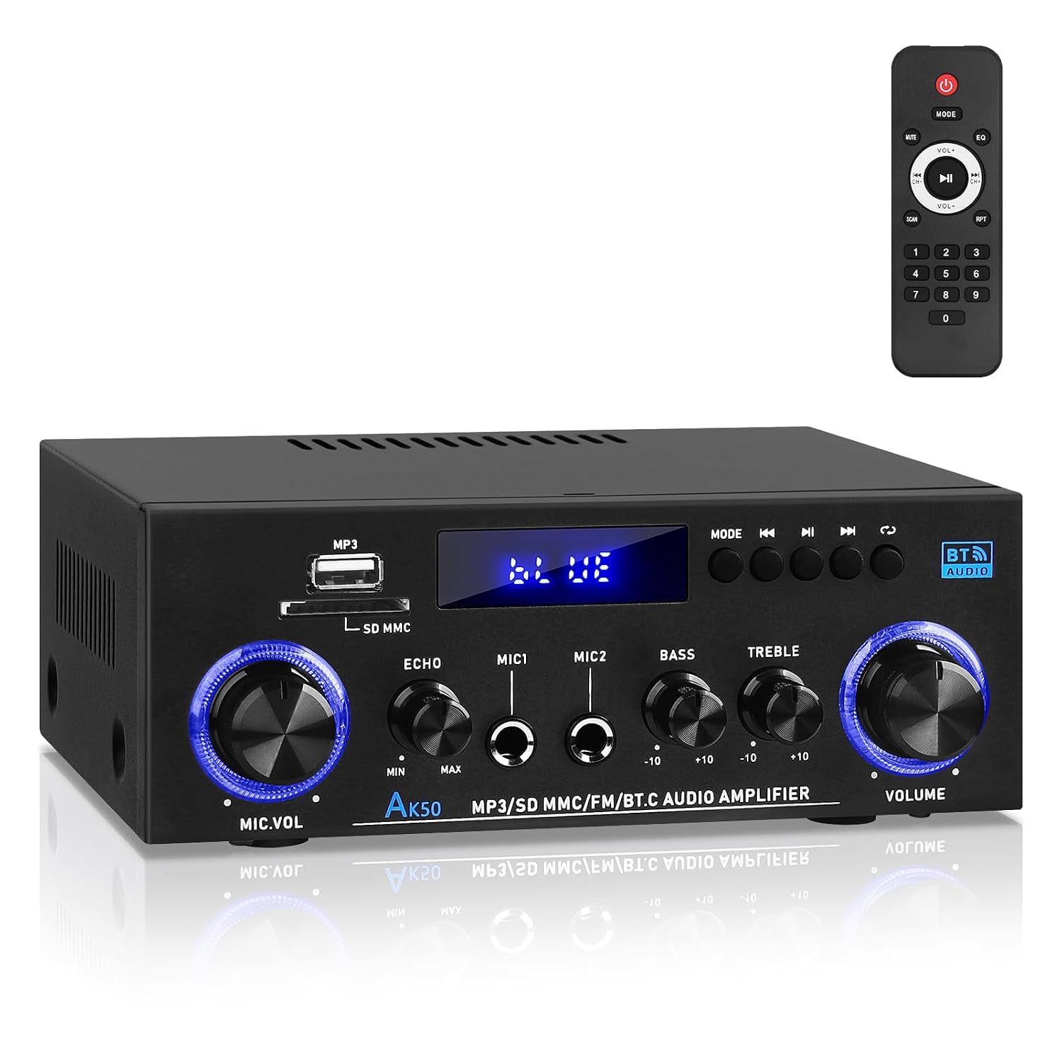 AK50 Amplificateur Hi-Fi avec Bluetooth RMS 60WX2 Amplificateur audio stéréo Récepteur 2.0 Canal Max 400 W Sortie Mini amplificateur de haut-parleur w/FM Radio Echo, Micro, USB, entrée SD pour la