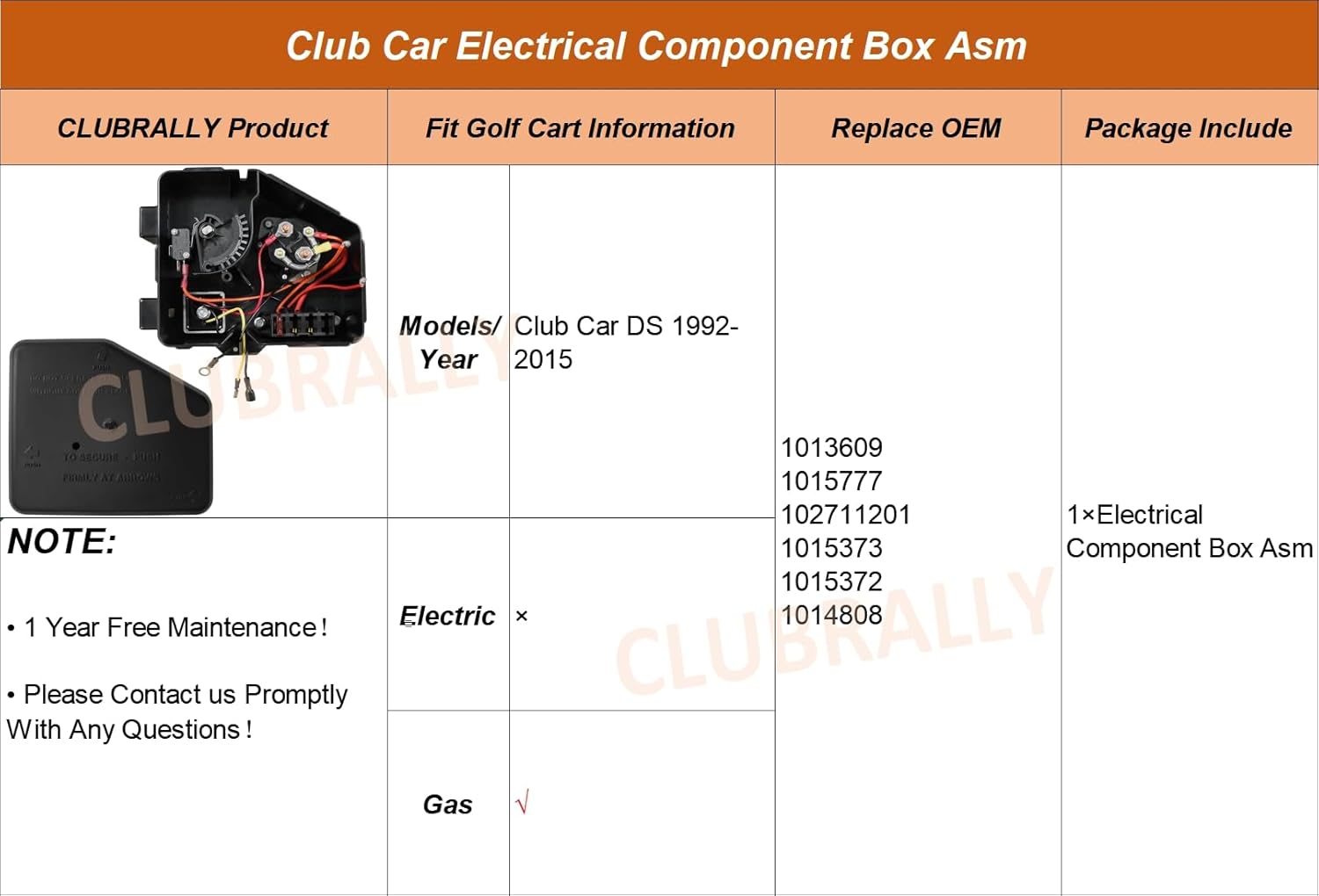 Club Car Electrical Component Box Asm/Electrical Box Cover, Fits for Gas Club Car DS 1992-2015, OEM#1013609, 1015777/102711201, 1015373, 1014808, 1015372