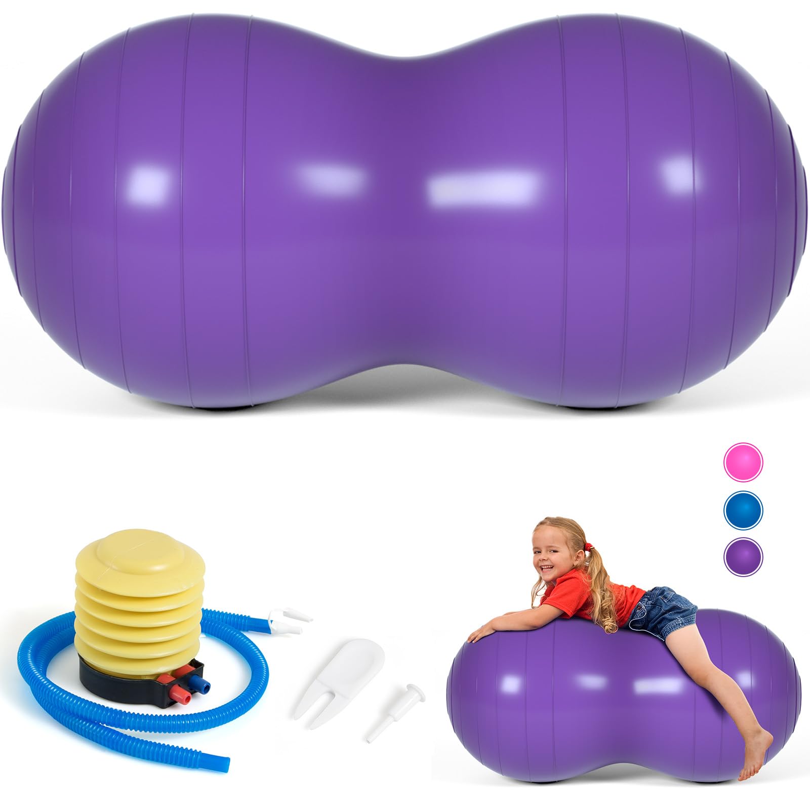DASKING Palla di Arachidi, Palla da Ginnastica per Yoga Pilates Esercizi Fisioterapia, Peanut Ball 90x45cm con Pompa a Mano, Palla Fitness di Qualità da Palestra per Gravidanza, Bambini, Donne, Uomini Viola