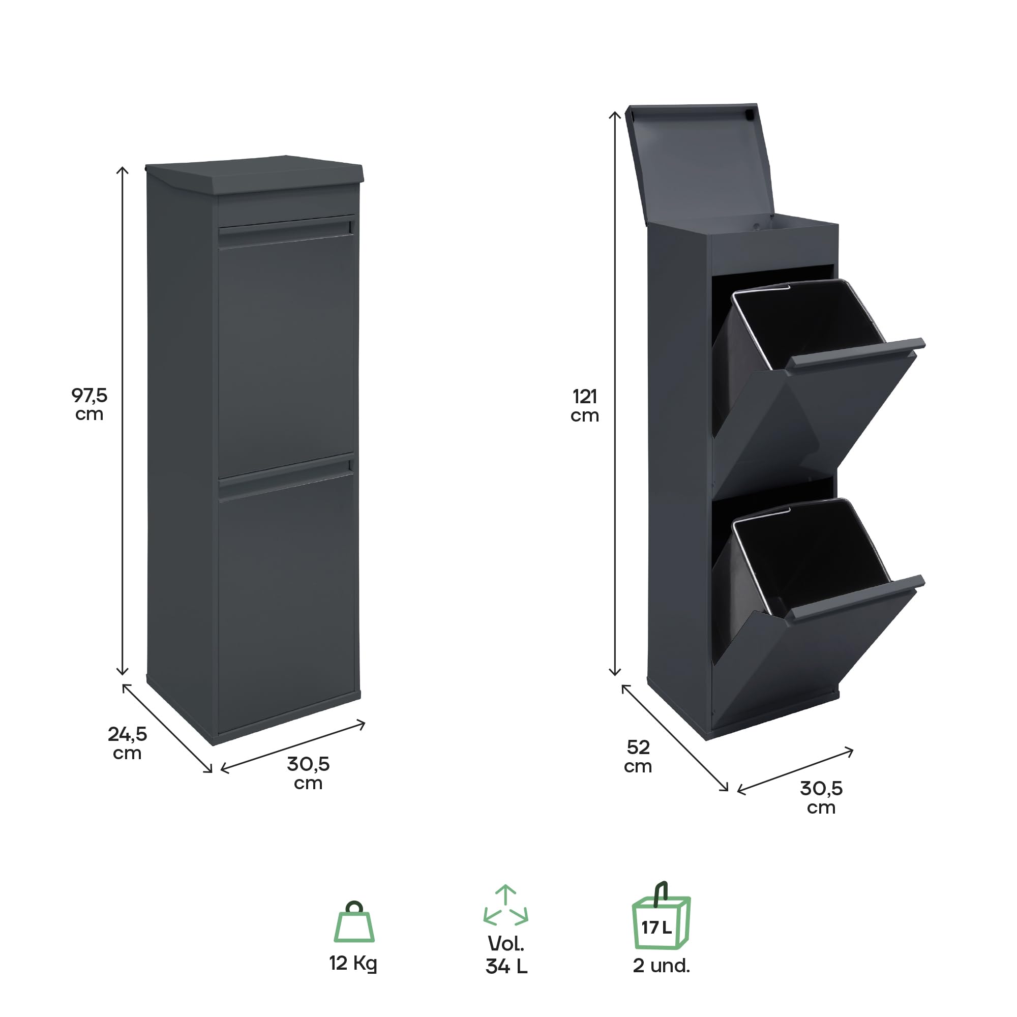 Arregui Top CR224-B Mülltrennsystem aus Stahl mit Aufbewahrungsbox mit Deckel – Bild 4