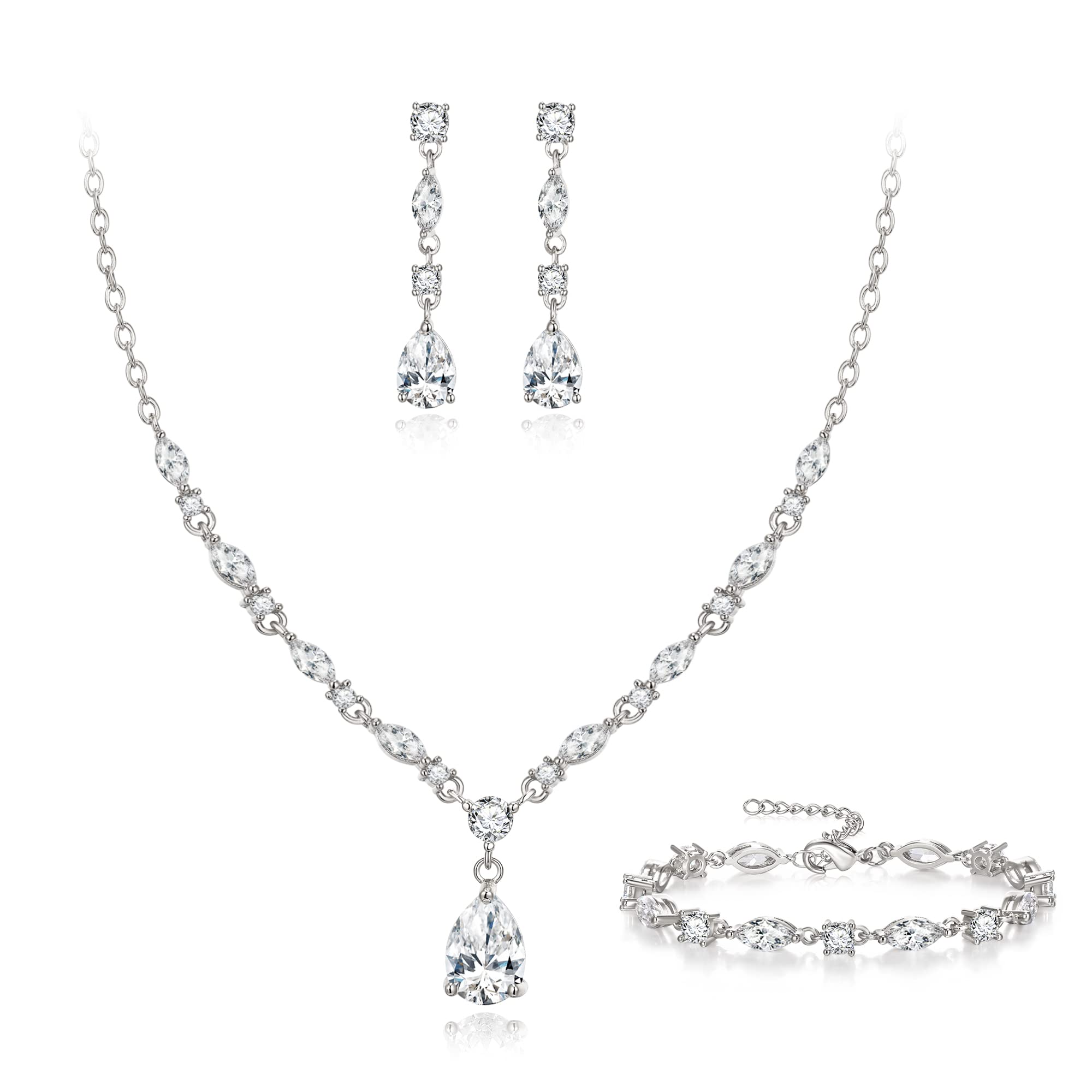 EVER FAITH Goccia Zirconia cubica Set di Gioielli da Sposa per la Sposa Damigella d'Onore, Scintillante CZ Elegante Ciondolo Collana Orecchini Pendenti Bracciale Set per Le Donne