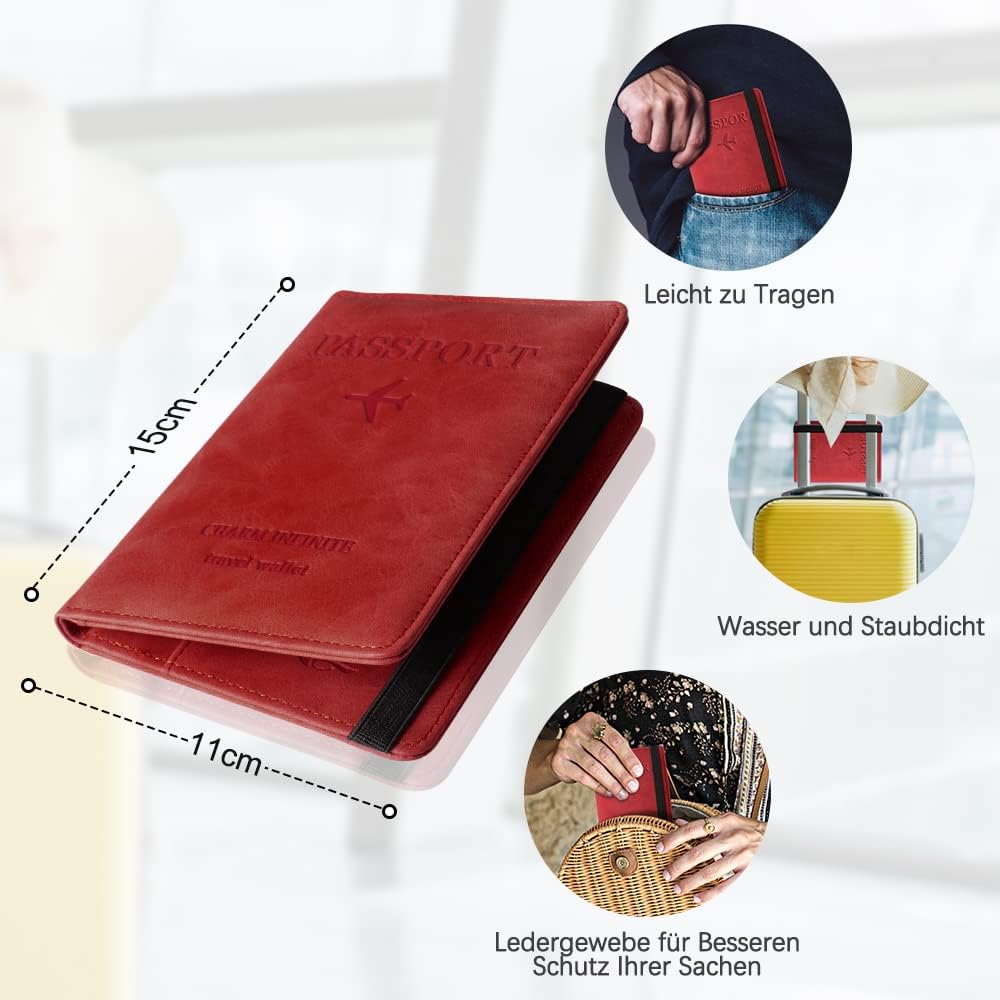 Czyan Reisepasshülle, Kunstleder Schutzhülle Reisepass mit RFID Blockier Schutzhülle Impfausweis Schutzhülle Tasche für Kreditkarten Ausweis und Reisedokumente (Rot) - Image 4