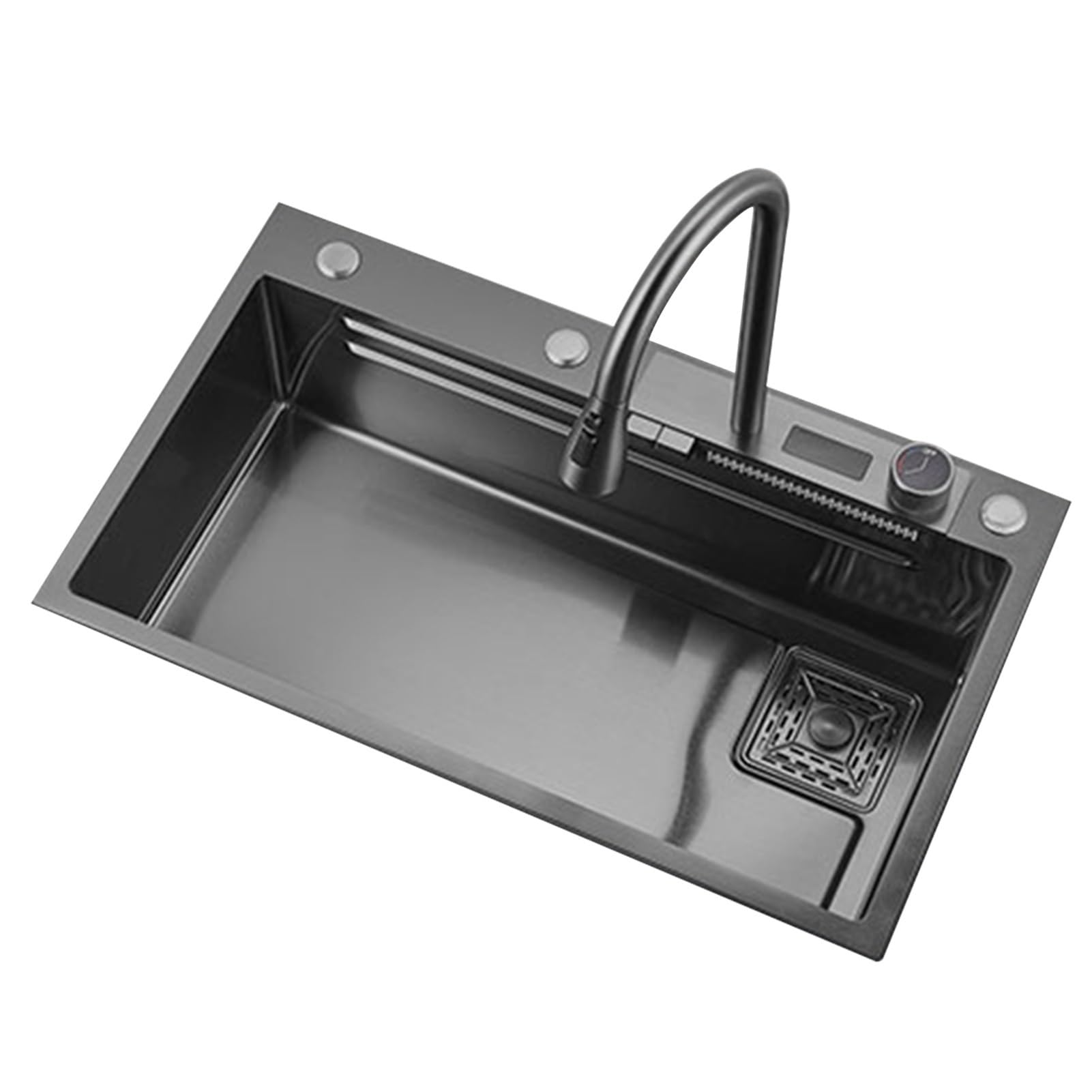 ZQFHSX Kitchen Sink Nano Black Digital Display Waterfall Household Multifunctional Sinks (Color : Black, Size 75 * 46cm)