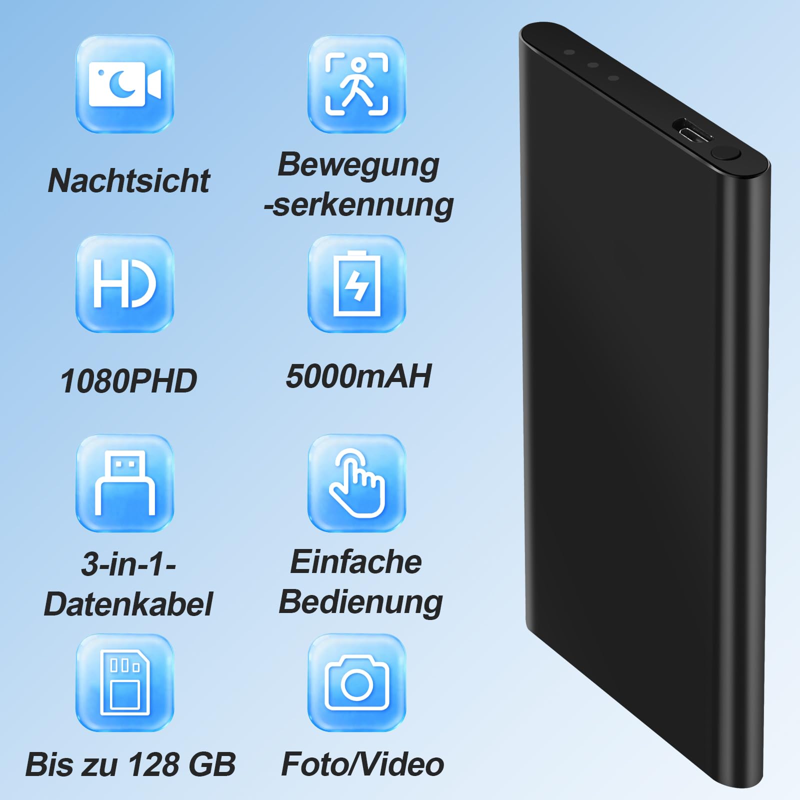 Mini HD Kamera, Dual-Funktion 1080P HD Powerbank Kamera, 17h Aufnahme mit 5000 mAh Akku & 3-in-1-Kabel