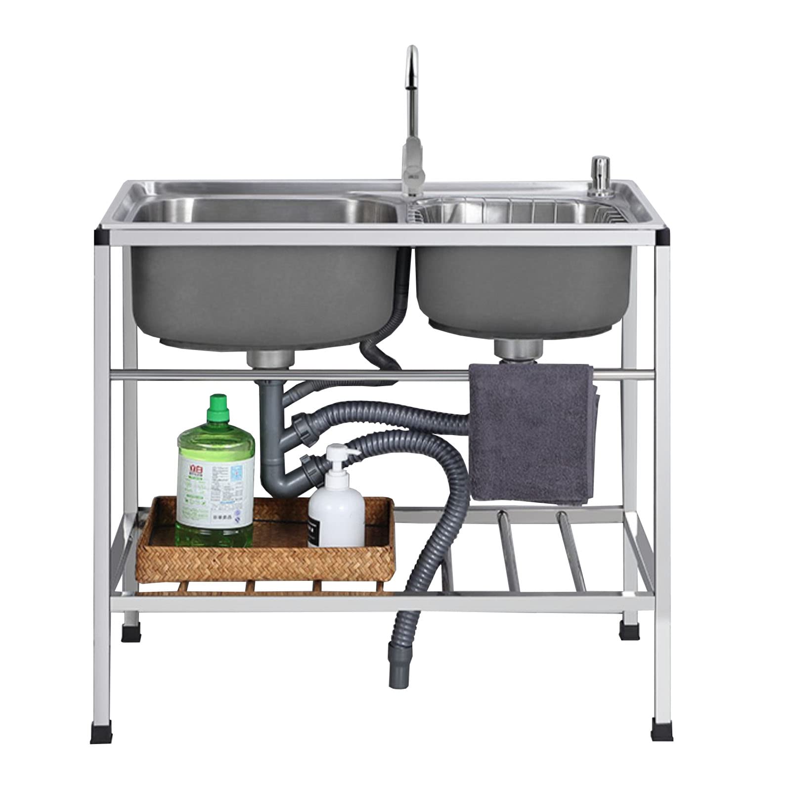 LMYSXAOZ Double Bowl Kitchen Sink, Freestanding Stainless Steel Outdoor Workstation Sink Kit with Faucet Commercial Restaurant