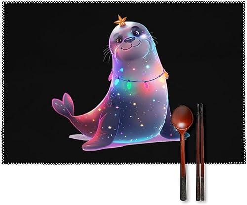 Funny Xmas Sea Lion Animals Placemats Set of 6 Resistant Table Mats Washable Place Mats for Dinner Party Table Decoration