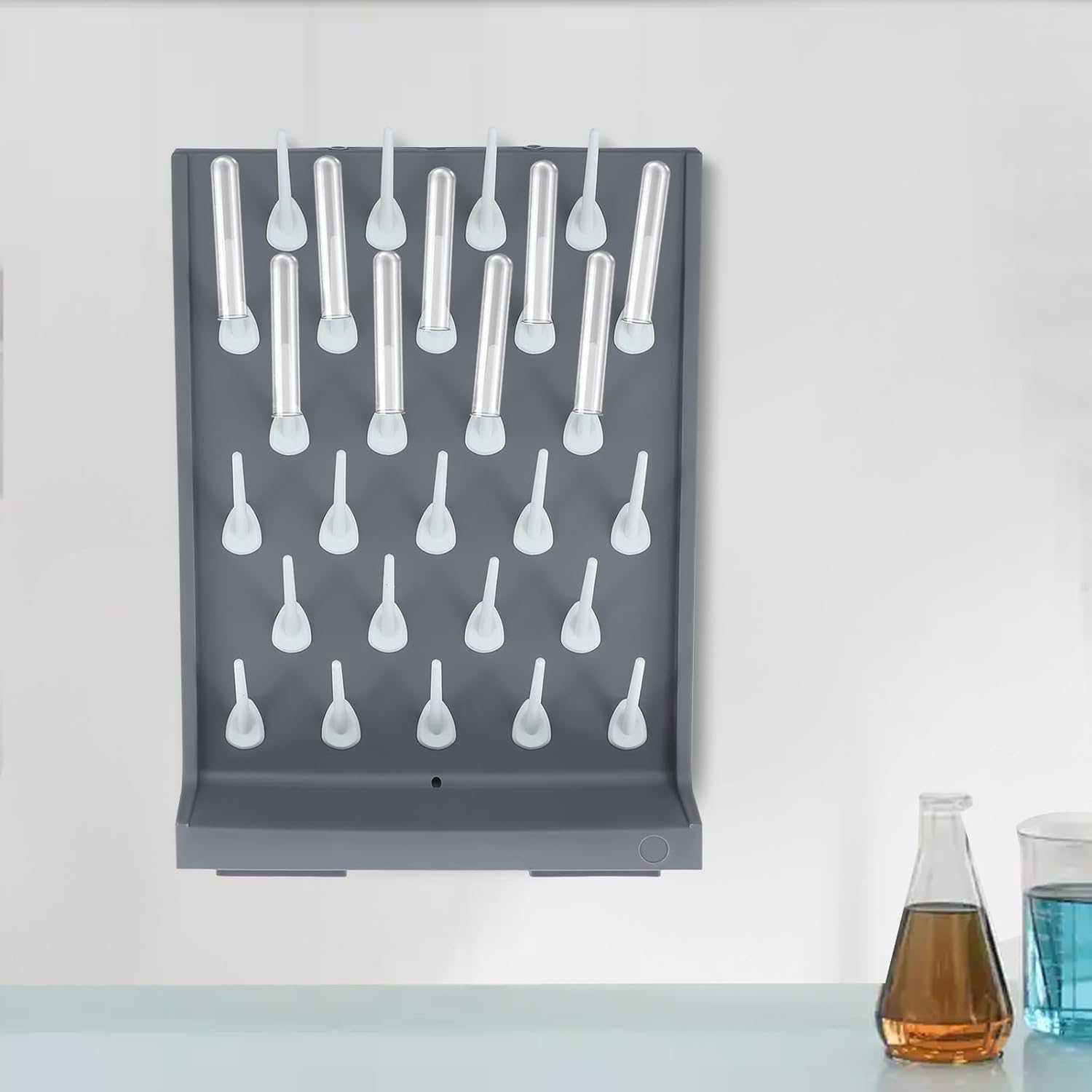 2Pcs Lab Drying Rack,Lab Supply Pegboard Bench,Detachable PP Lab Rack,27 Pegs Lab Drying with Tray Hole and Water Outlet Hose Draining Rack for Tube Beaker Flask Dry