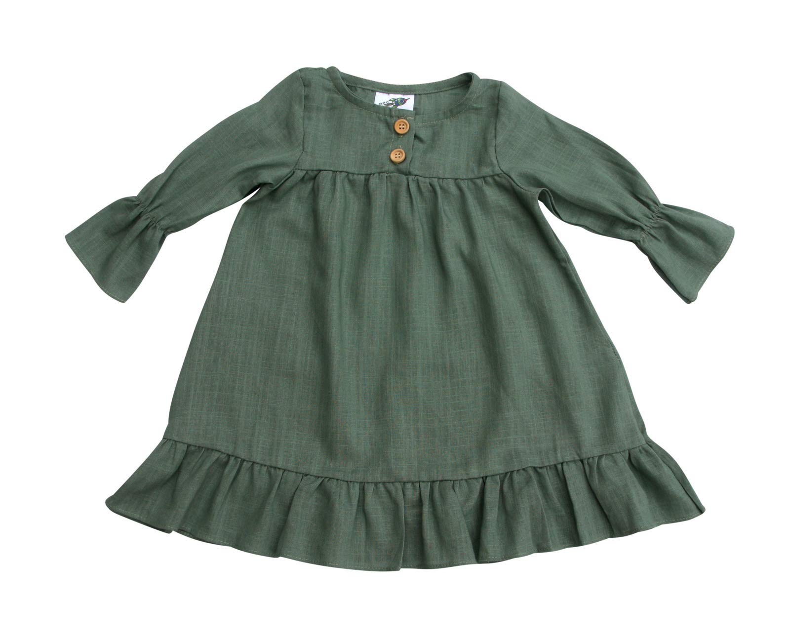 Rocket Bug Long Sleeve Pleated Baby, Toddler, and Girls Linen Cotton Dress (7, Sage)