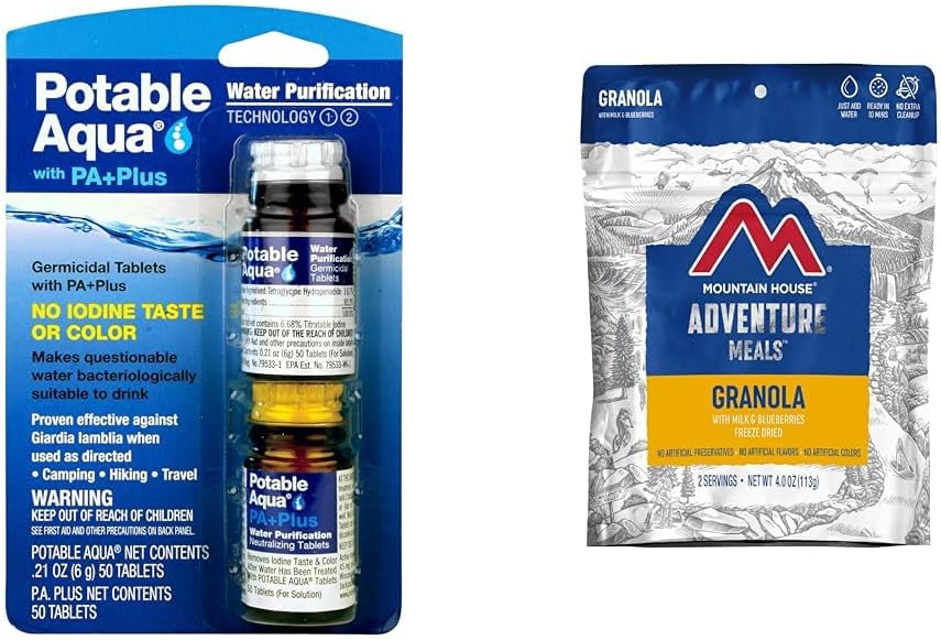 Potable Aqua Water Purification Tablets Two 50ct Bottles and Mountain House Granola with Milk & Blueberries Freeze Dried Backpacking Food 2 Servings
