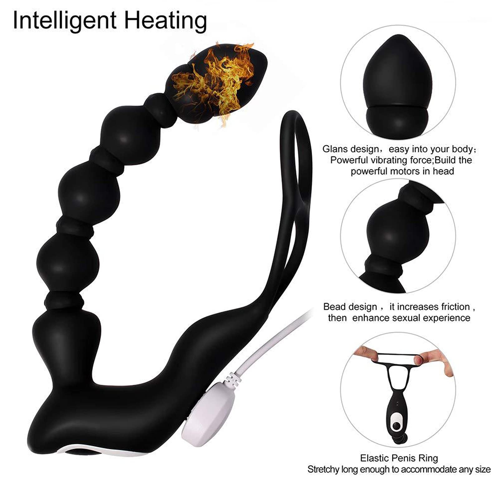 Stimulateur prostatique avec anneau anal, vibromasseur anal, stimulateur à double moteur, fonction chauffante, télécommande, neuf modes de vibration.