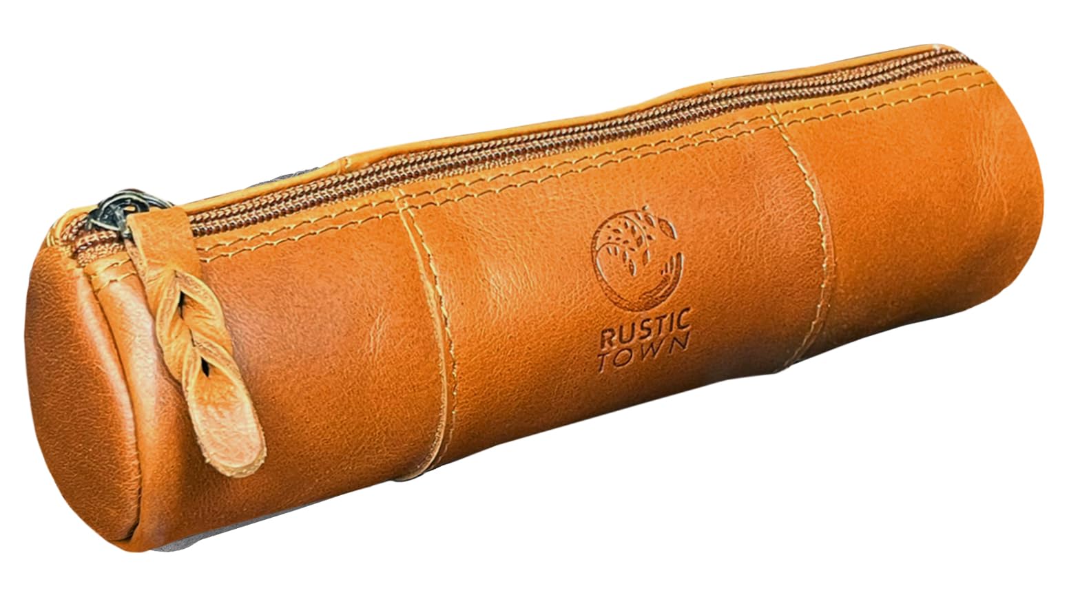 RUSTIC TOWN Leather Pencil Case Holder - Pen Pencil Pouch For Office & School - Zipper Stationary Utility Bag Pencil Kit For Girls, Boys & Kids (Cognac), Brown