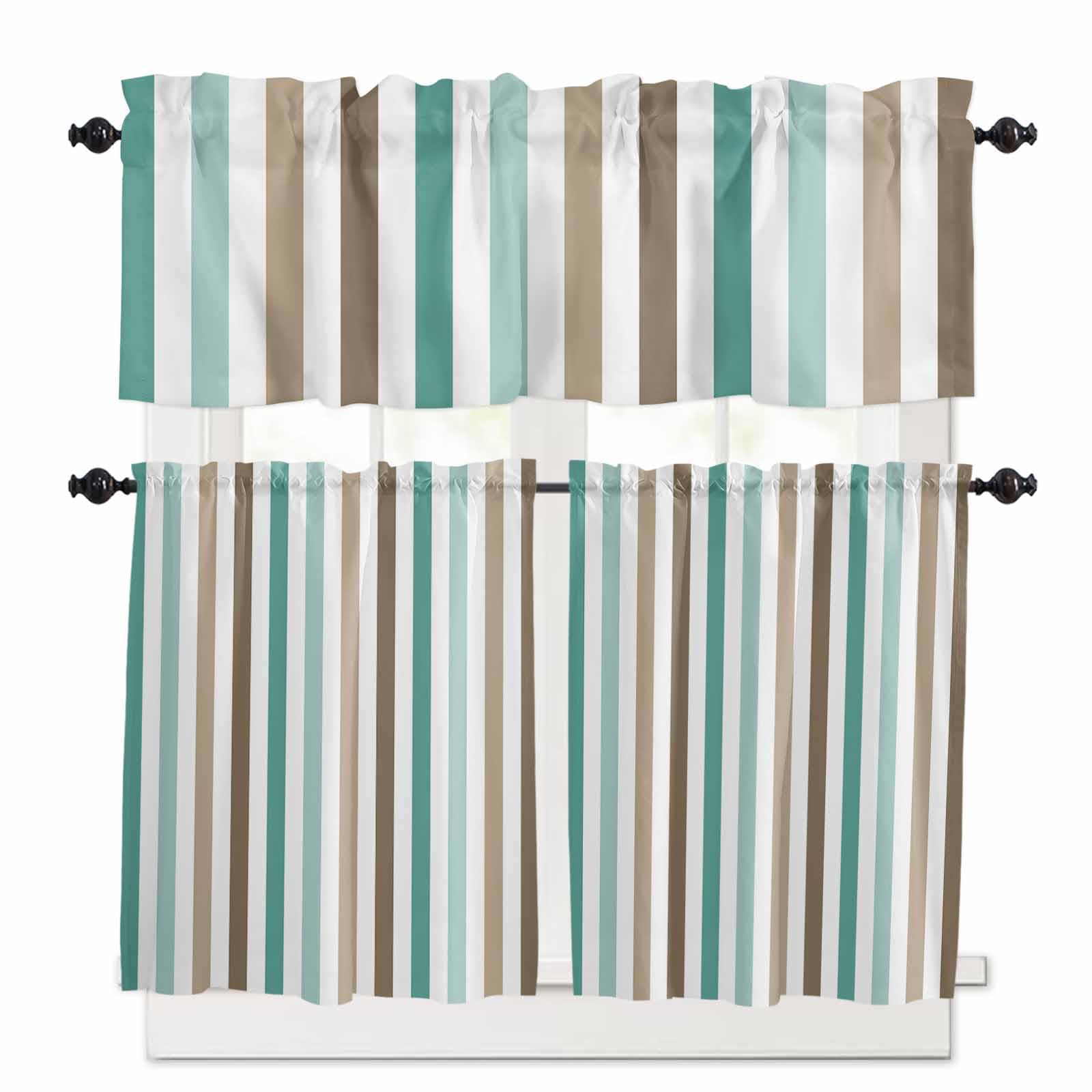 Brown Stripe Kitchen Curtains 36 Inch Length,3 Piece Rod Pocket Small Half Tiers and Valance Set,Ombre Geometric Teal Green Vertical Striped Small Large Window Treatment Decor for Bedroom/Bathroom
