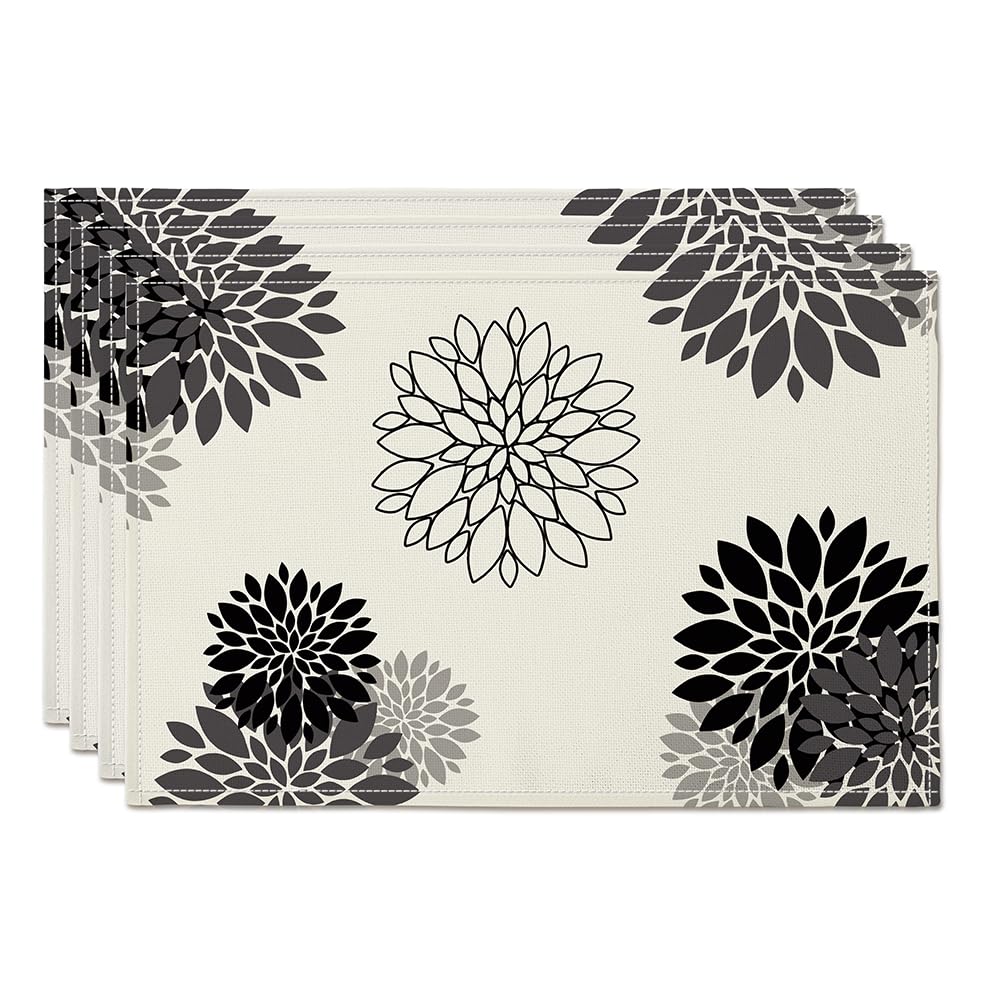 Black Placemat Dahlia Pinnata Flower Beige Burlap Waterproof Rectangular Place Mats Set of 4 Modern Washable Farmhouse Table Top Decor for Kitchen Dining Home Party Indoor Outdoor 12 x 18 Inch