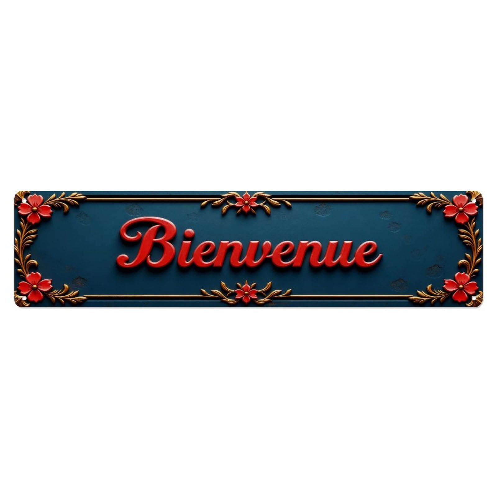 Floral Red Text Gold Accents Metal Tin Sign Plaque