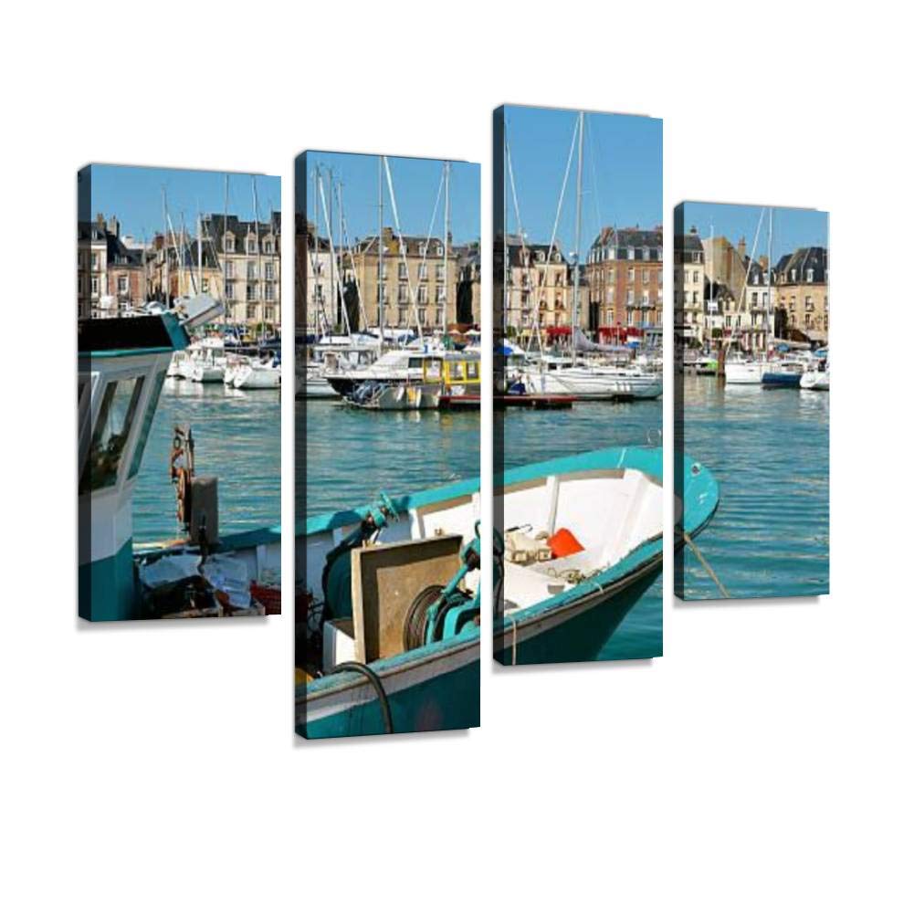 MoJoM Canvas Print Artwork charco de san gines in arrecife lanzarote port and fishing boats Wall Art Pictures Framed Digital Print Abstract Painting Room Home Office Decor Ready to Hang - 4 Panel