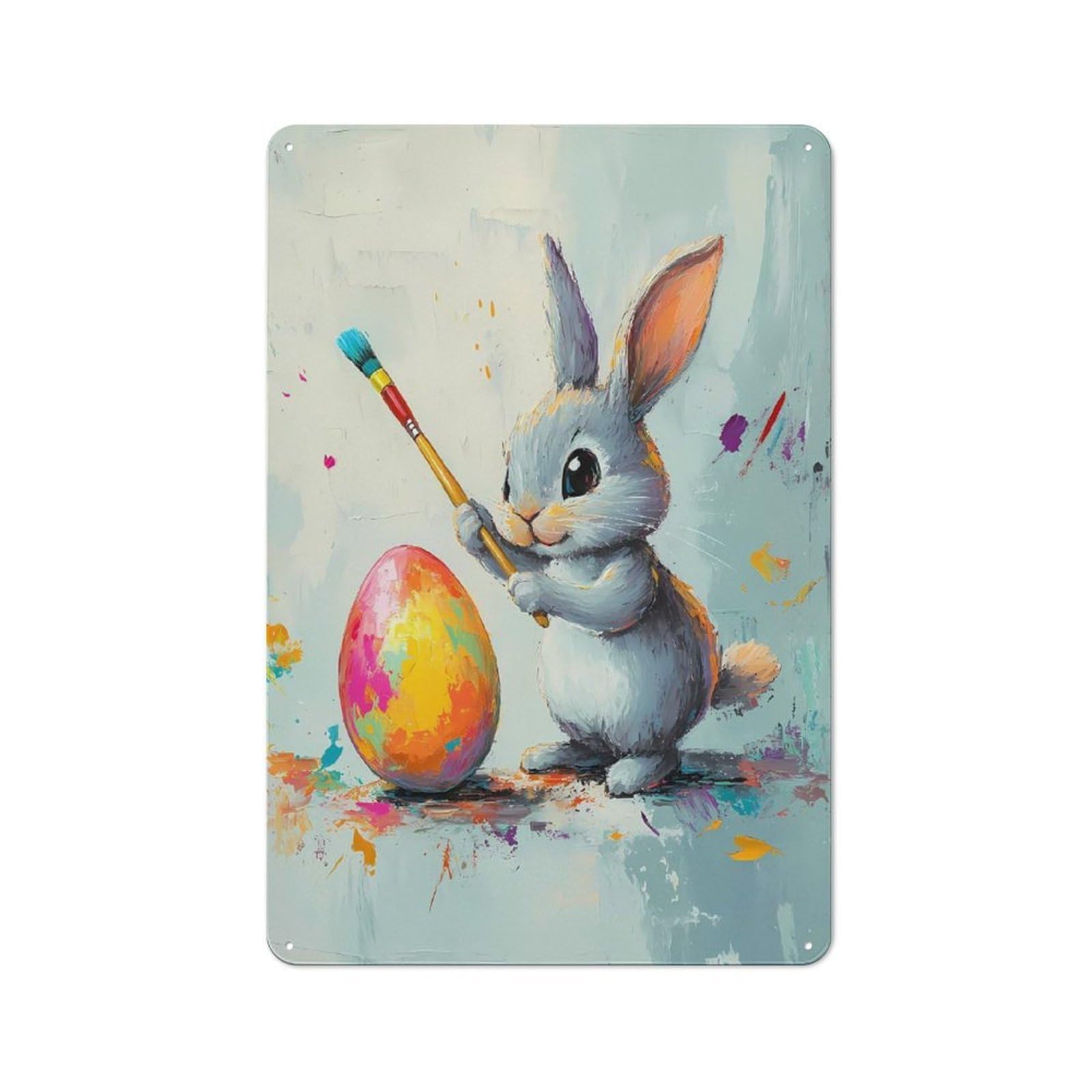 Junmoney Style-10 Easter Bunny Painter Retro Metal Wall Decor 30X20cm, Decorative Tin Sign For Kitchen, Hallway, Bar Or Small Cafe