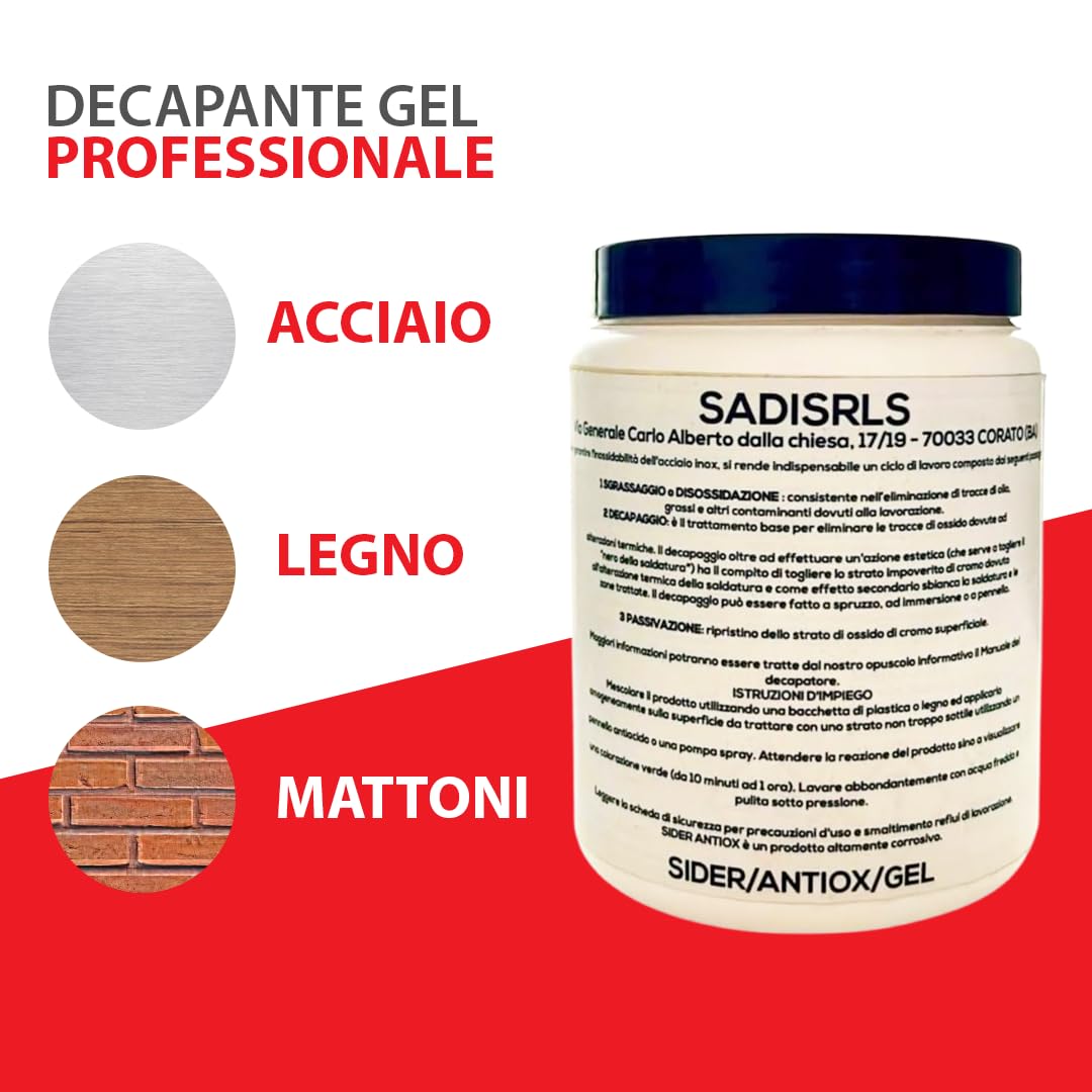 Decapante Gel Professionale per Acciaio Inox (1 KG) - 3 in 1 - Sgrassaggio, Diossidazione, Passivante - Sider/Antiox