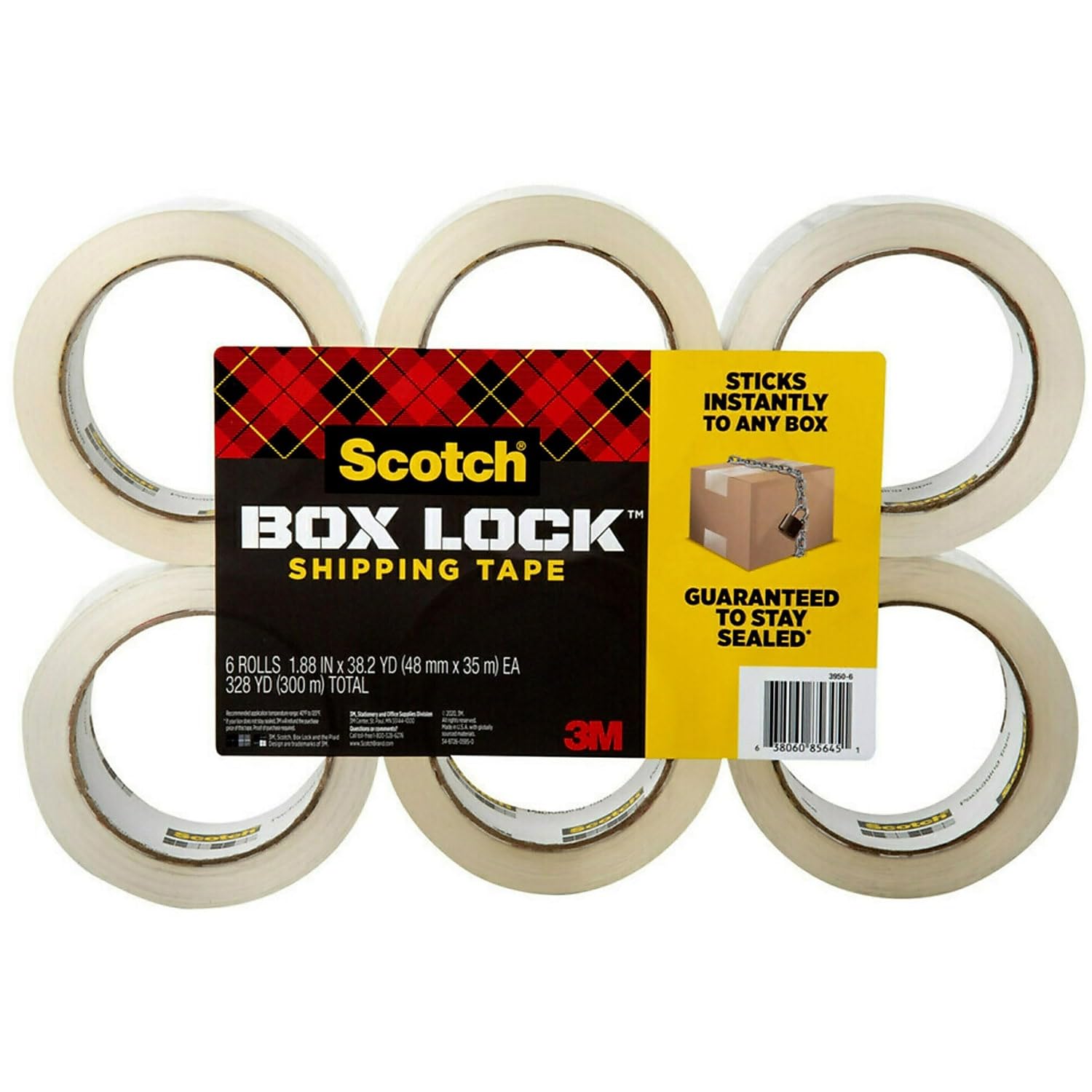 Scotch Nastro per imballaggio di spedizione con serratura, 1-15/16" x 38,2 yd, trasparente, confezione da 6 rotoli