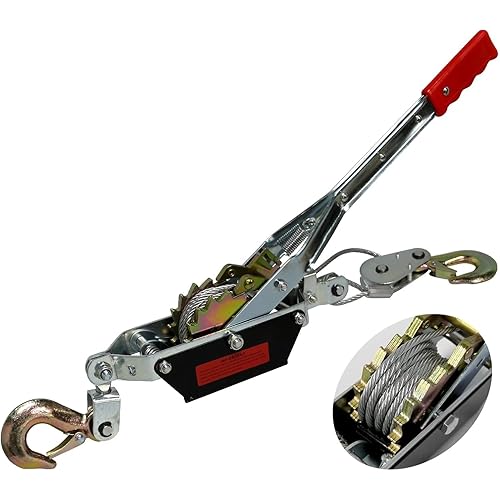 Come Along Winch,2T(4410lbs) Pulling Capacity,12FT Steel Cable,Heavy Duty Ratchet Power Puller Tool with Dual Gears,2 Hooks Hand Winch Cable,Automotive Hoist Cable Puller for Vehicle Rescue