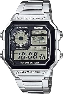 Casio World Time AE-1200WHD-1AV Men's Digital Watch, Metal Band, Silver, Bracelet Type