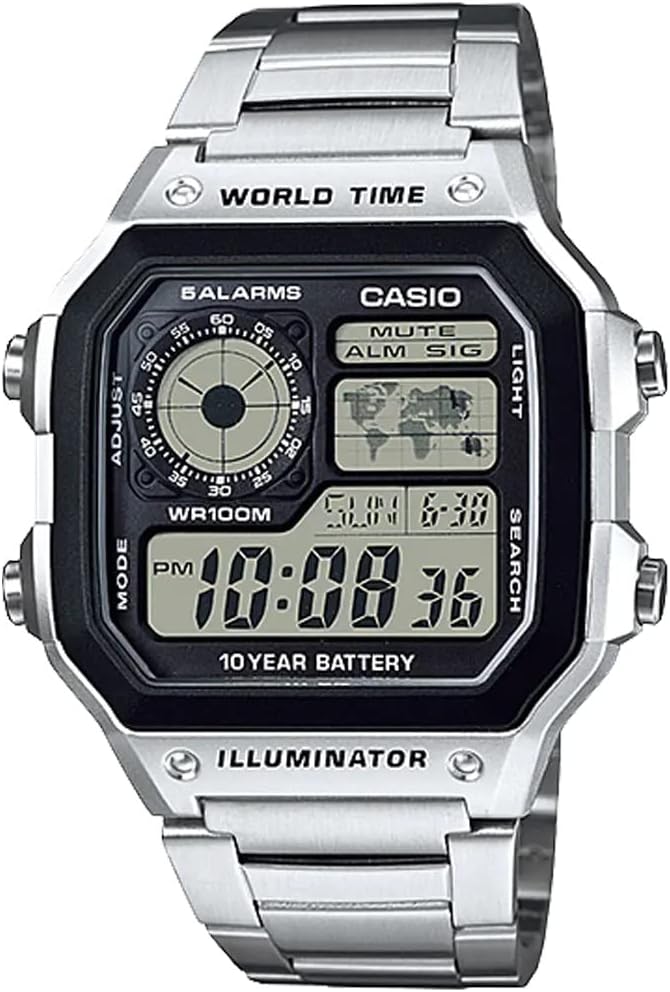 Casio World Time AE-1200WHD-1AV Men's Digital Watch, Metal Band, Silver, Bracelet Type