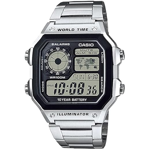 Casio Relógio digital masculino World Time AE-1200WHD-1AV, pulseira de metal, prata, tipo pulseira