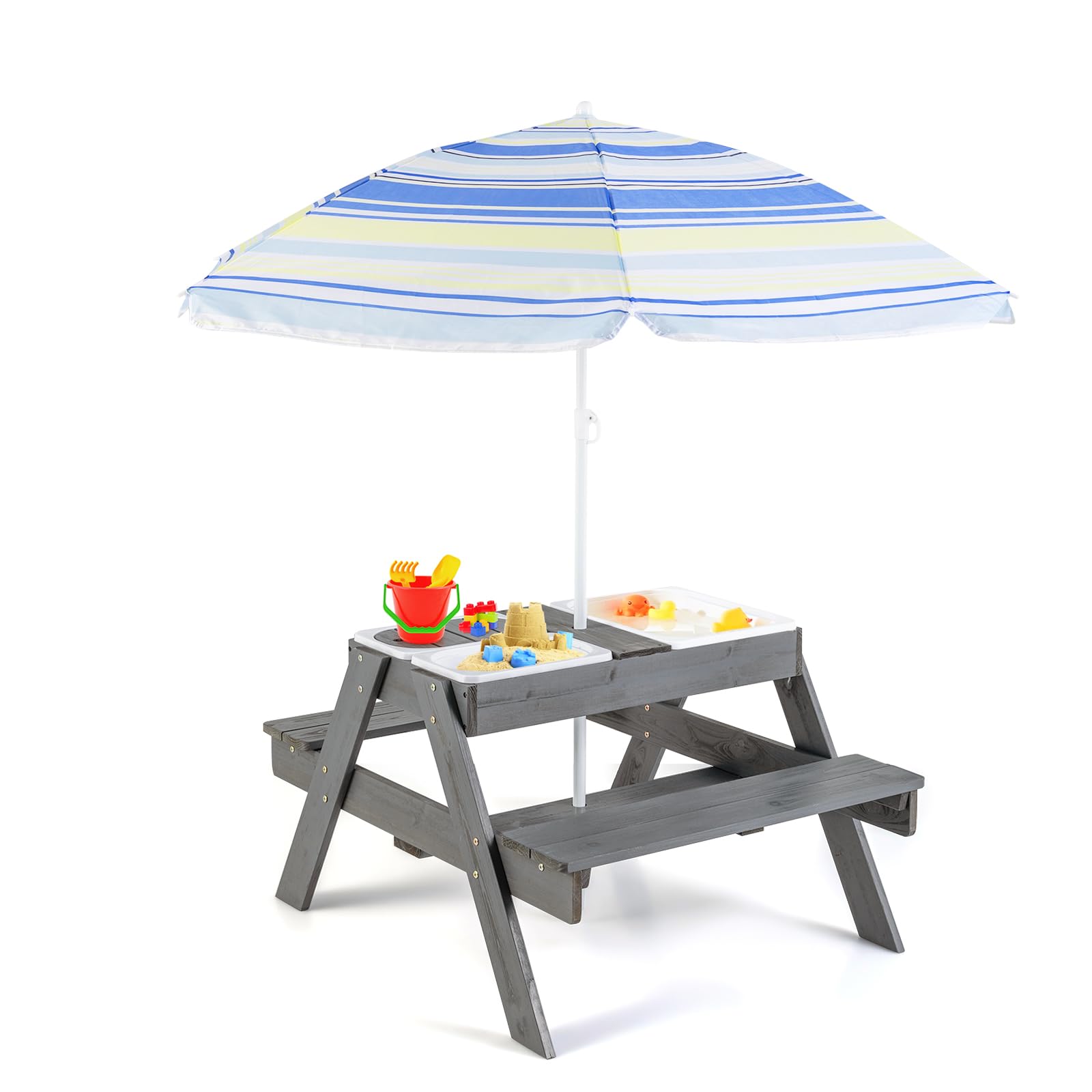 KOTEK Kids Picnic Table, 4 in 1 Sand and Water Table w/Detachable Tabletop, 3 Removable Play Boxes, Foldable & Height Adjustable Umbrella, Wood Sensory Table and Bench for Outdoors, Indoors (Grey)